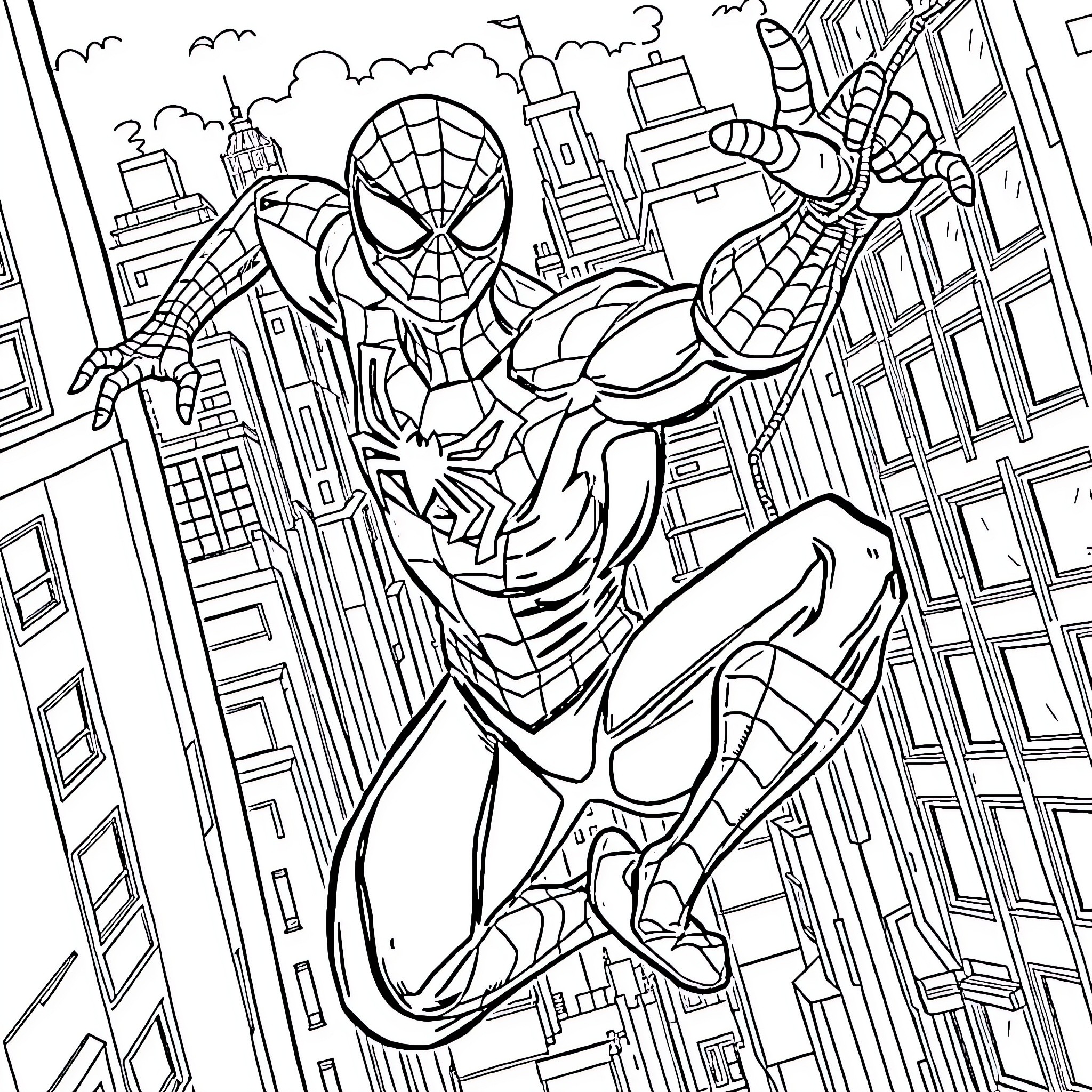 Spiderman swinging heroically through the cityscape Coloring Page (free black-and-white line drawing printable PDF for all, from beginners to advanced learners, including children, teens, adults, and seniors)