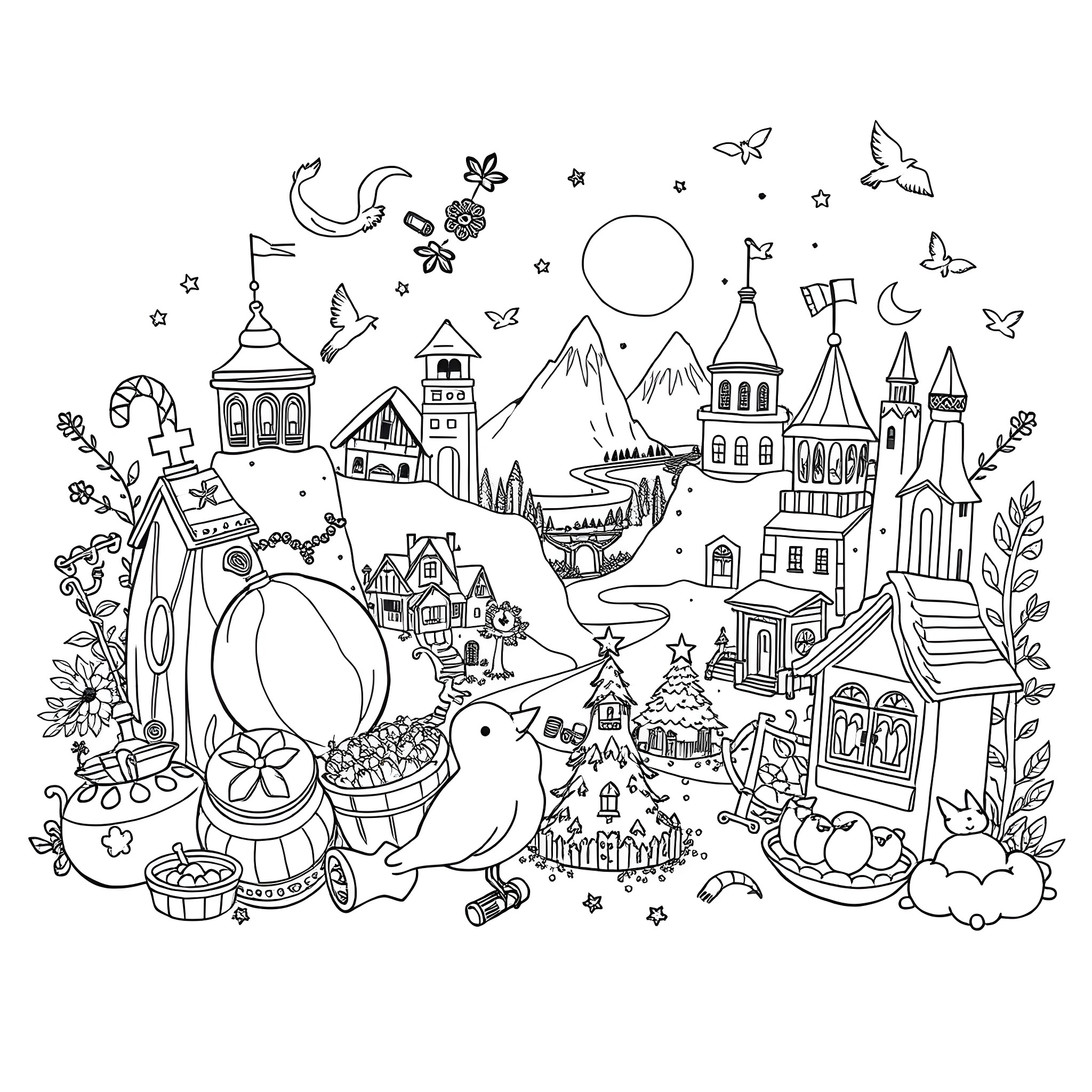 Beautiful Things in a Whimsical Fairy Tale Landscape Coloring Page (free black-and-white line drawing printable PDF for all, from beginners to advanced learners, including children, teens, adults, and seniors)