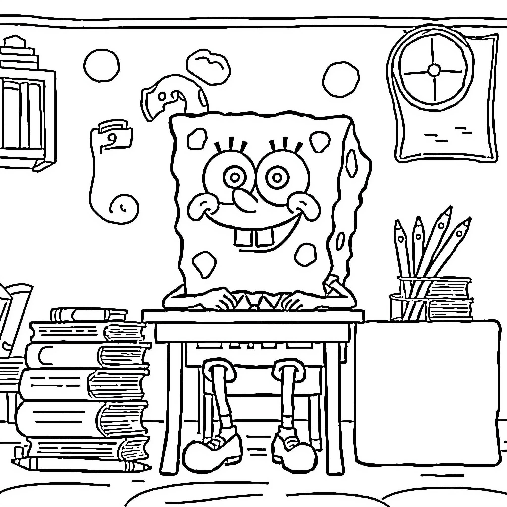 Spongebob in a fun and playful classroom scene Coloring Page (free black-and-white line drawing printable PDF for all, from beginners to advanced learners, including children, teens, adults, and seniors)