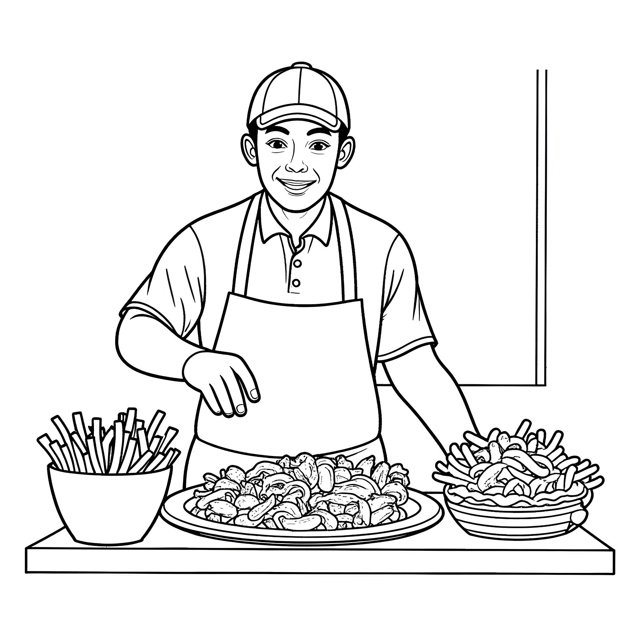Chip Shop Geezer Serving Customers at the Counter Coloring Page (free black-and-white line drawing printable PDF for all, from beginners to advanced learners, including children, teens, adults, and seniors)
