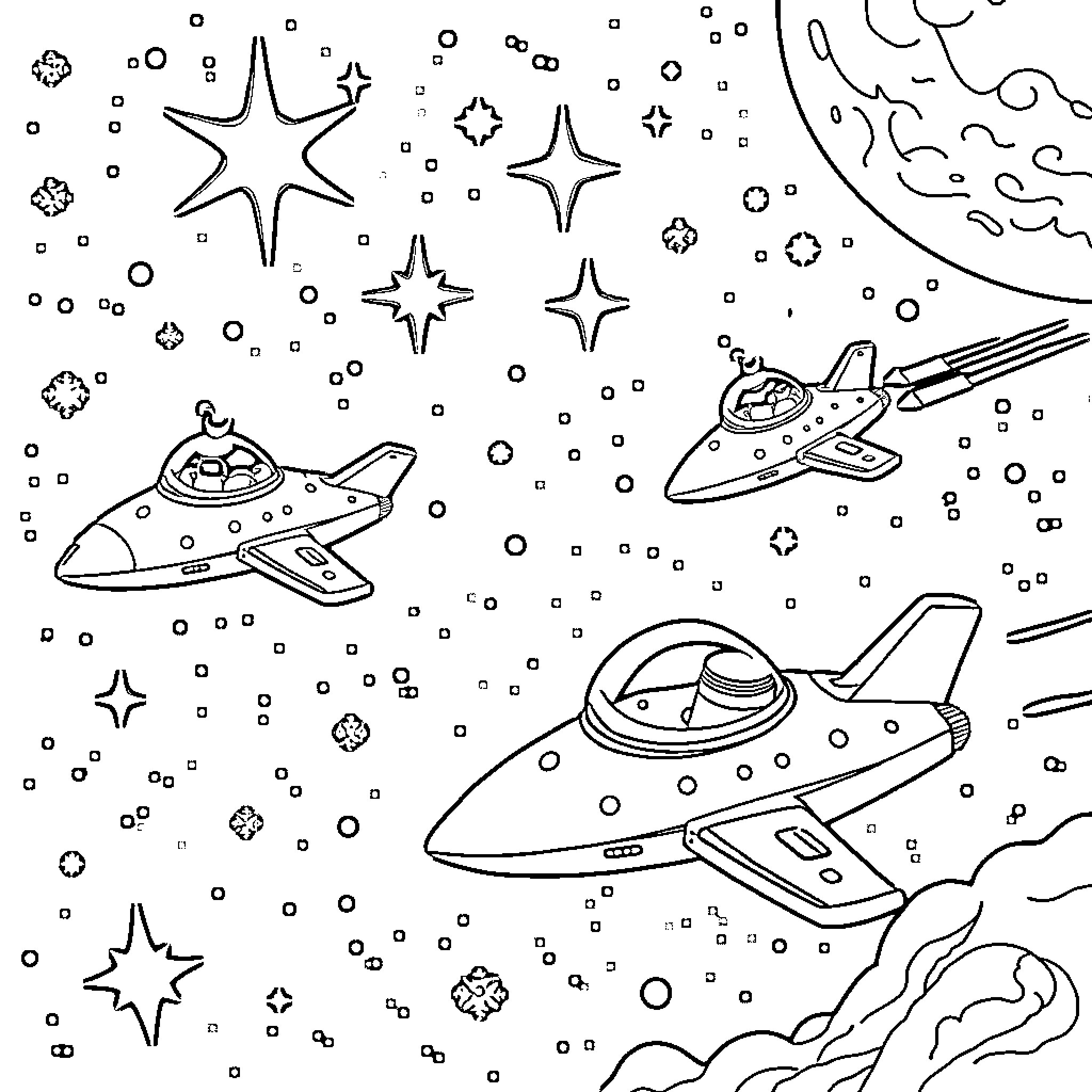 Christmas Spaceship Adventure in the Starry Night Coloring Page (free black-and-white line drawing printable PDF for all, from beginners to advanced learners, including children, teens, adults, and seniors)