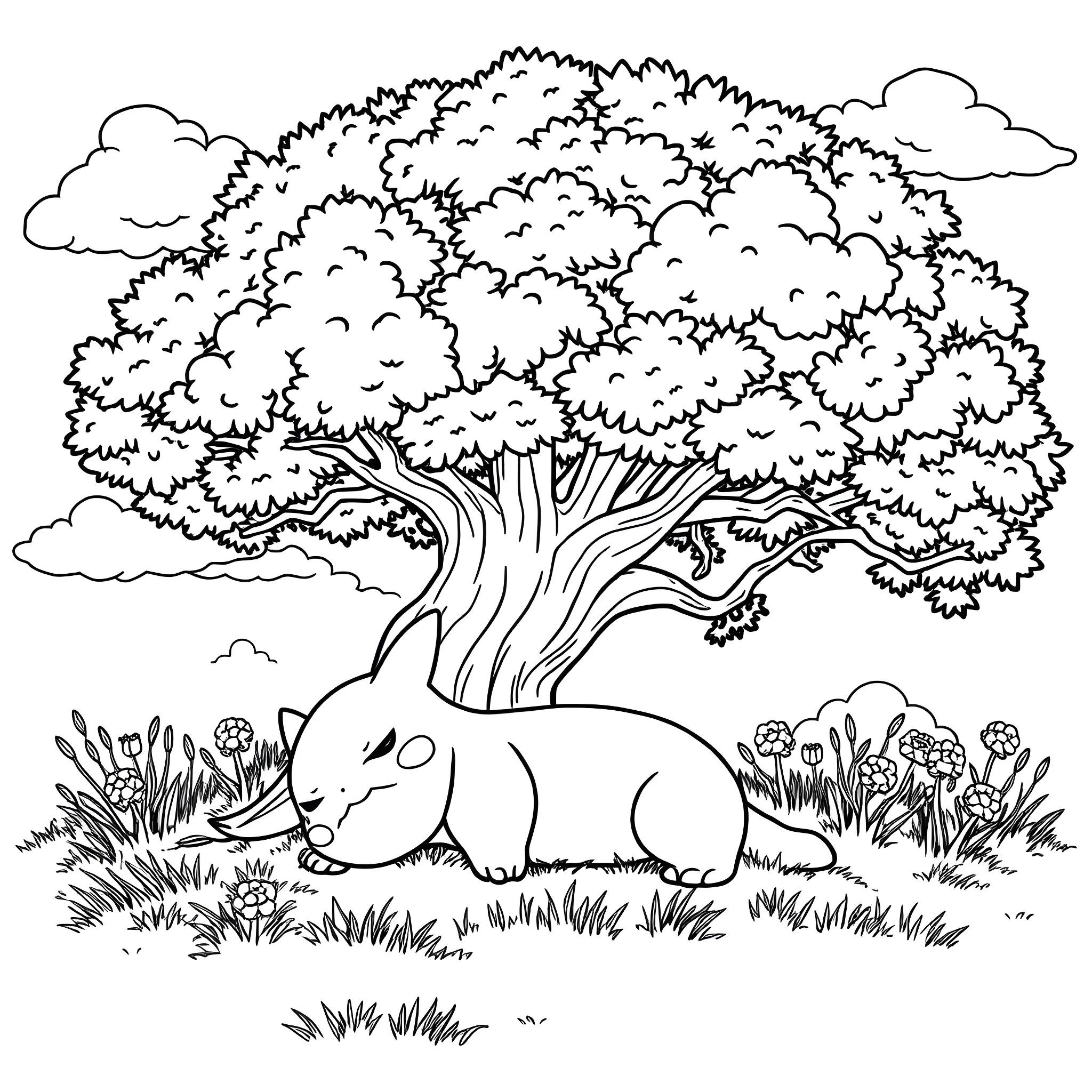 Snorlax relaxing peacefully under a tree Coloring Page (free black-and-white line drawing printable PDF for all, from beginners to advanced learners, including children, teens, adults, and seniors)