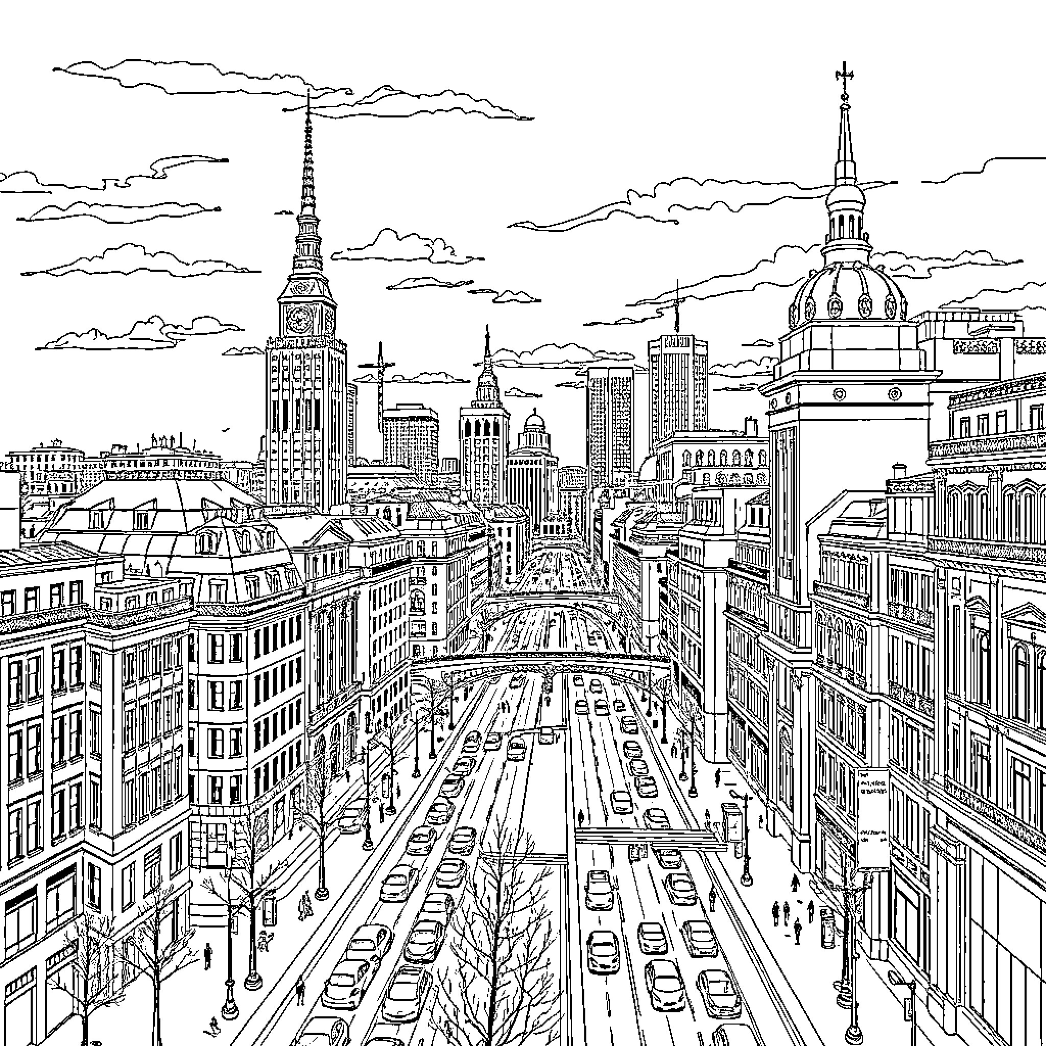 Bucharest cityscape with busy streets and towering architecture Coloring Page (free black-and-white line drawing printable PDF for all, from beginners to advanced learners, including children, teens, adults, and seniors)