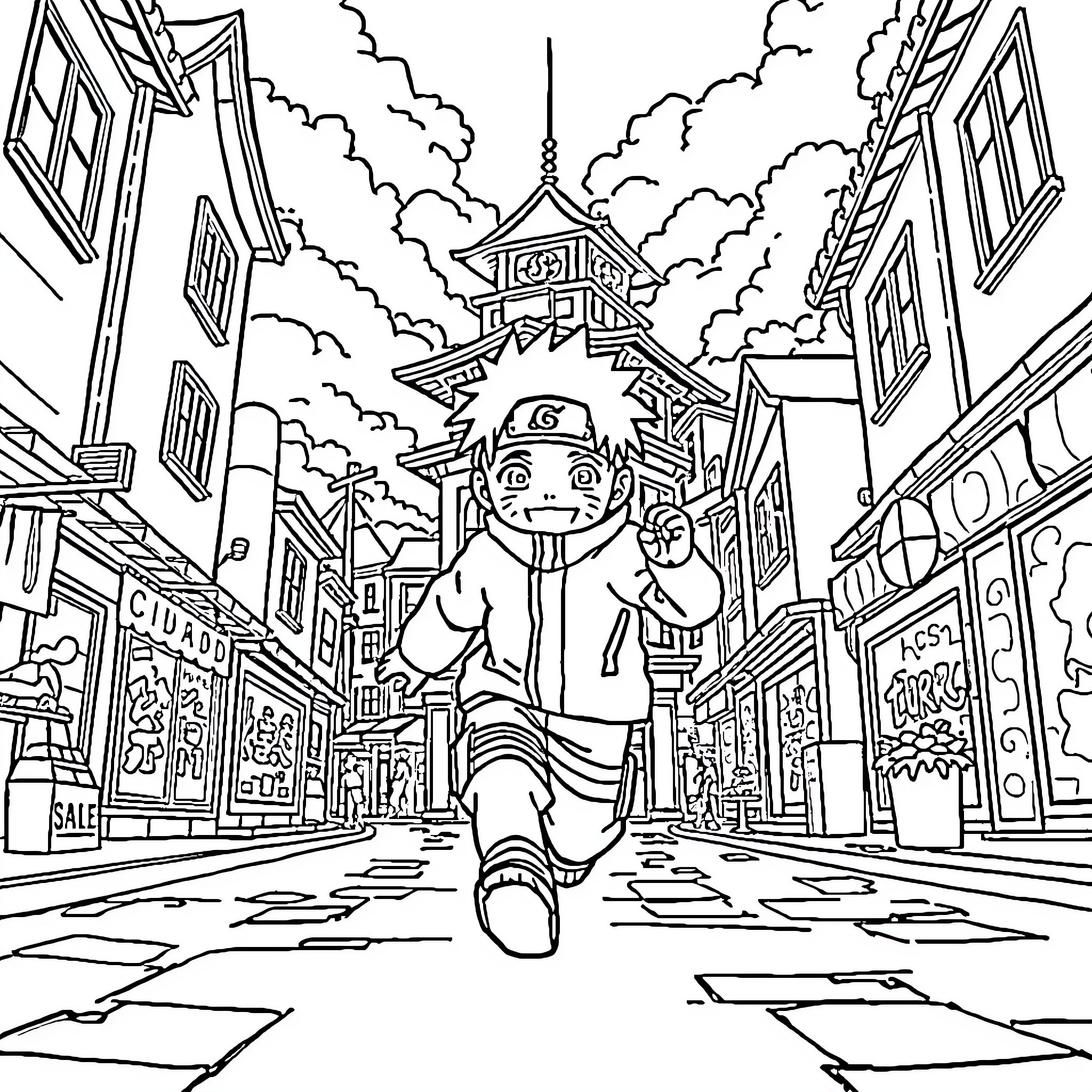 Naruto running through the village streets Coloring Page (free black-and-white line drawing printable PDF for all, from beginners to advanced learners, including children, teens, adults, and seniors)