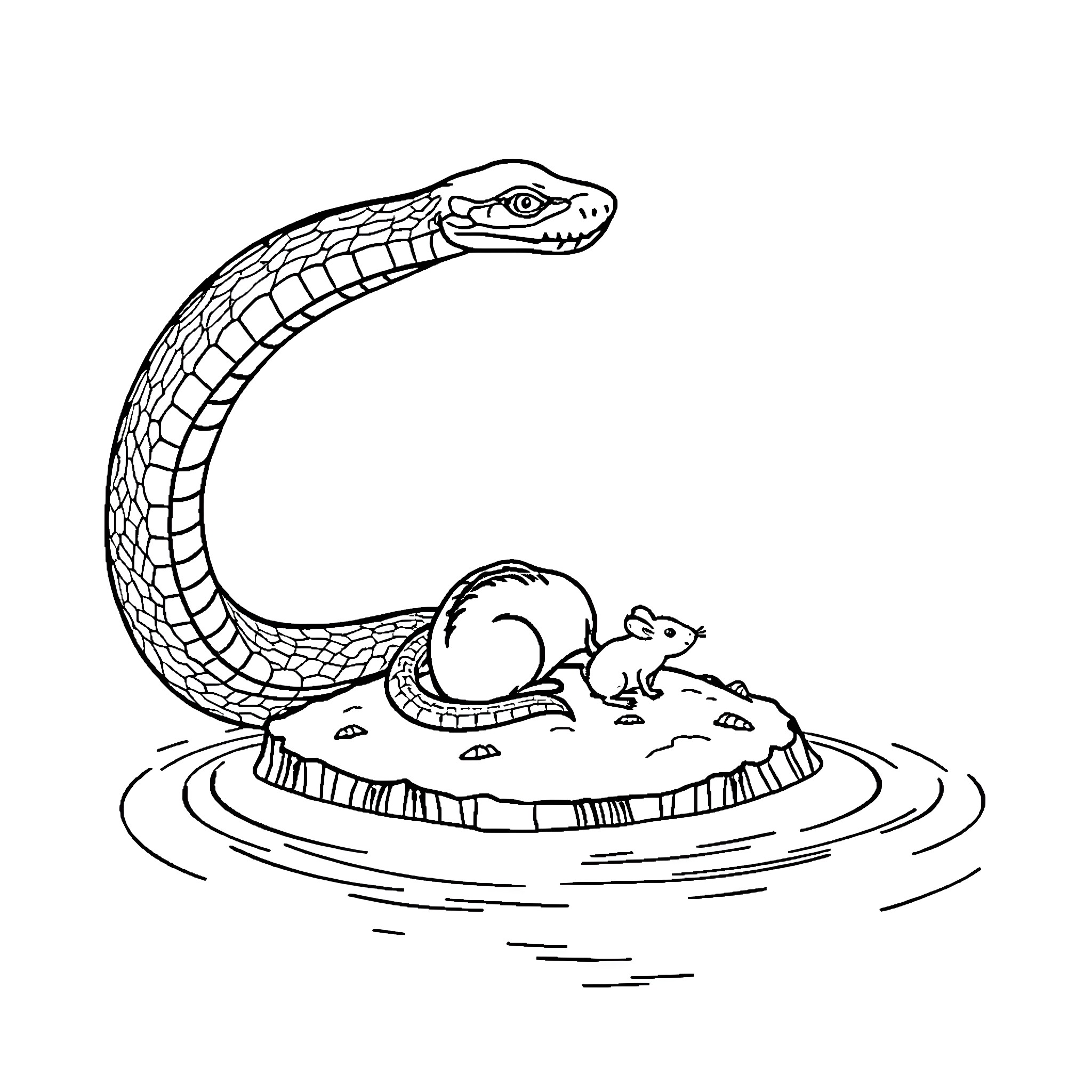 Snake coiled around resting creature in water Coloring Page (free black-and-white line drawing printable PDF for all, from beginners to advanced learners, including children, teens, adults, and seniors)