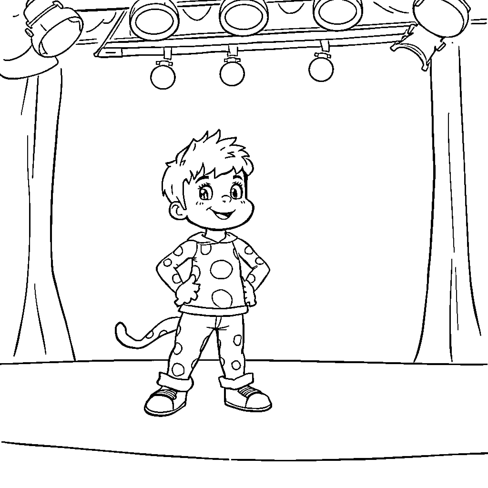 Young Cobba on stage with props Coloring Page (free black-and-white line drawing printable PDF for all, from beginners to advanced learners, including children, teens, adults, and seniors)