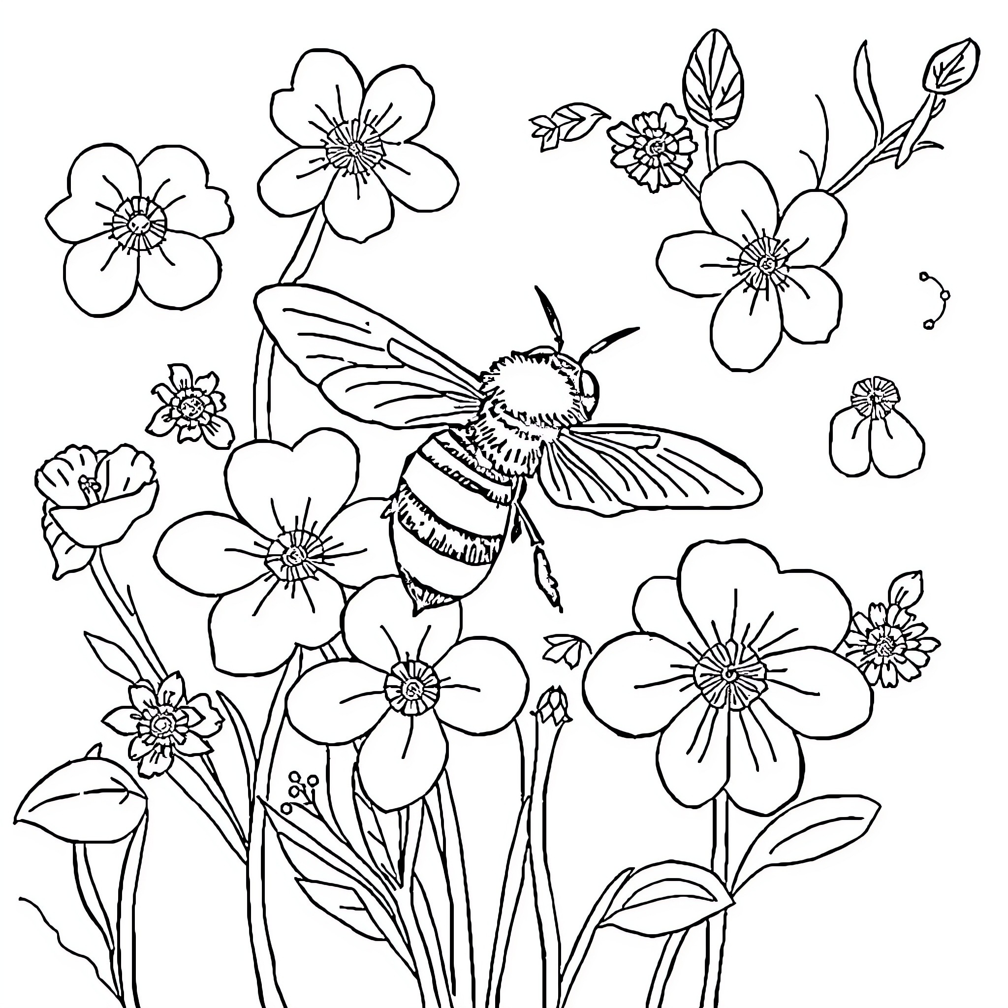 Bee surrounded by beautiful blooming flowers Coloring Page (free black-and-white line drawing printable PDF for all, from beginners to advanced learners, including children, teens, adults, and seniors)