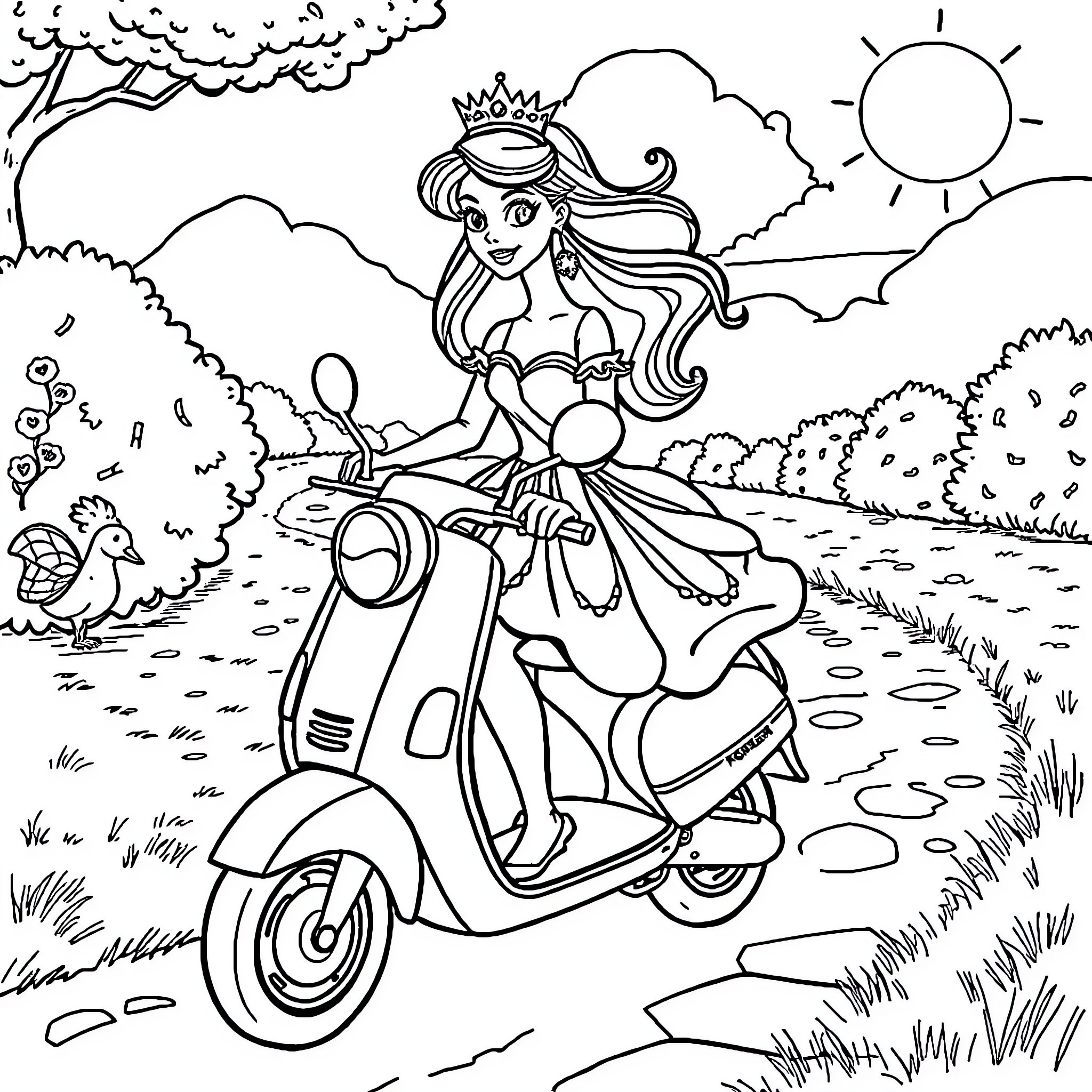 Princess riding a scooter in the countryside Coloring Page (free black-and-white line drawing printable PDF for all, from beginners to advanced learners, including children, teens, adults, and seniors)