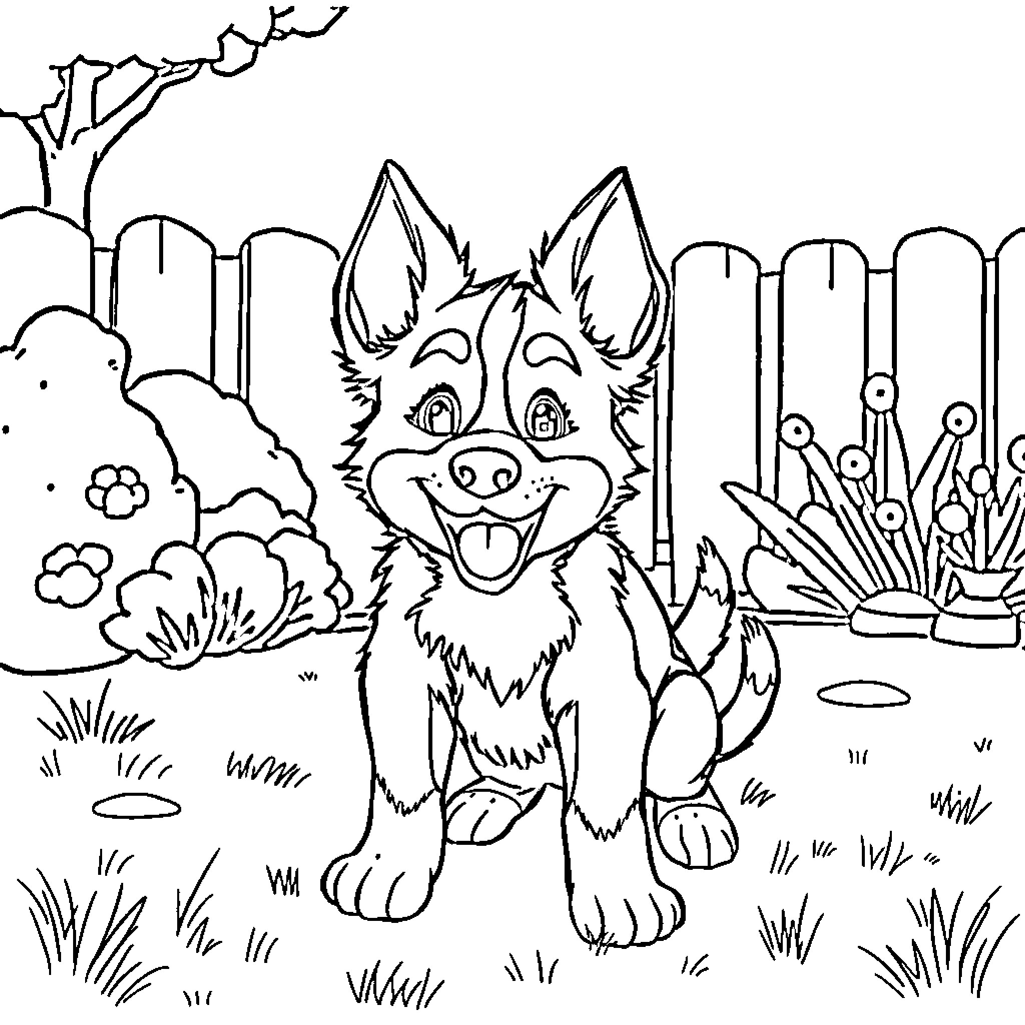 Bluey playing happily in the backyard Coloring Page (free black-and-white line drawing printable PDF for all, from beginners to advanced learners, including children, teens, adults, and seniors)
