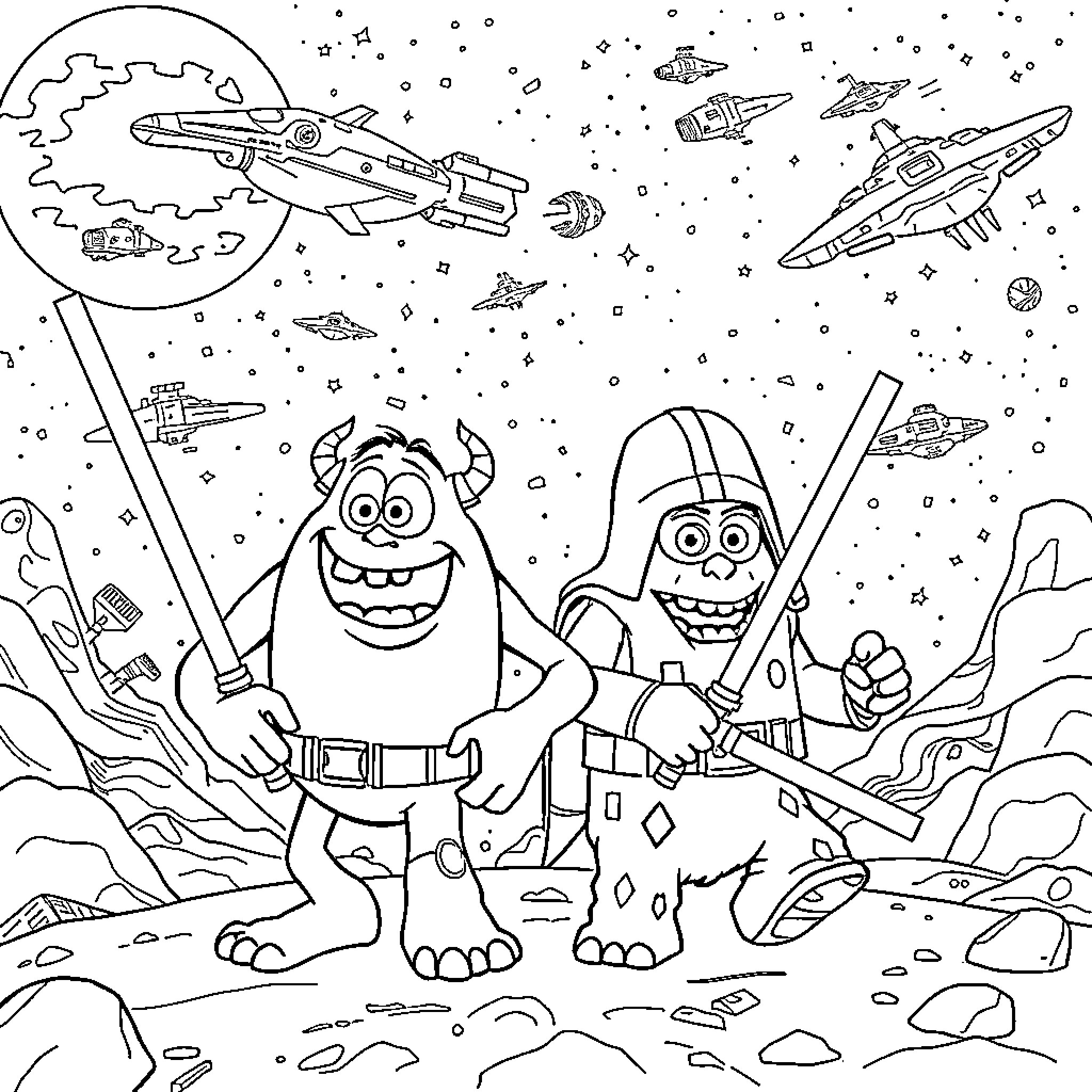 Mike And Sully's Space Adventure Coloring Page (free black-and-white line drawing printable PDF for all, from beginners to advanced learners, including children, teens, adults, and seniors)