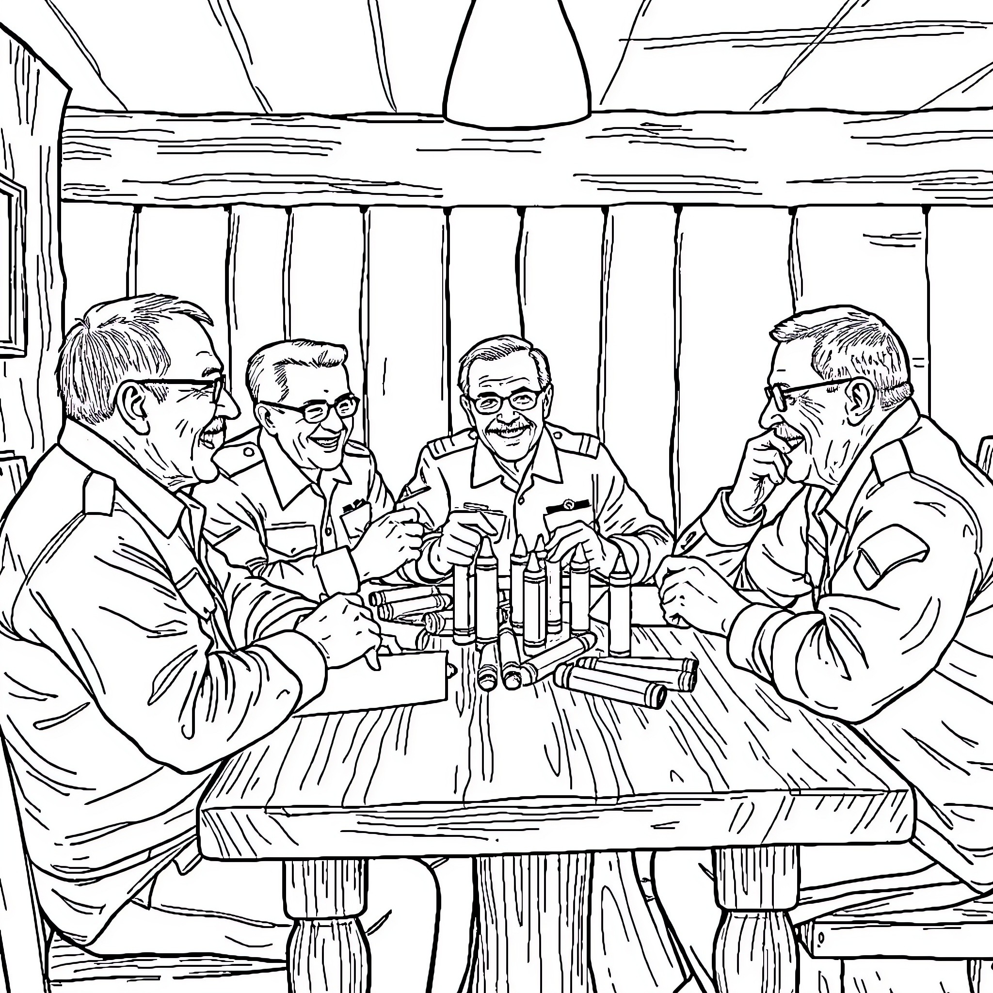 Marine Business Meeting Discussion and Collaboration Coloring Page (free black-and-white line drawing printable PDF for all, from beginners to advanced learners, including children, teens, adults, and seniors)