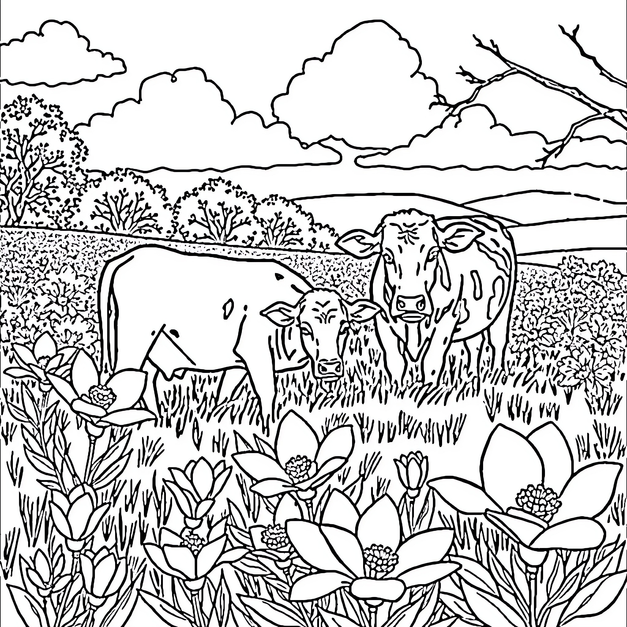 Cow and calf grazing in a lush floral field Coloring Page (free black-and-white line drawing printable PDF for all, from beginners to advanced learners, including children, teens, adults, and seniors)