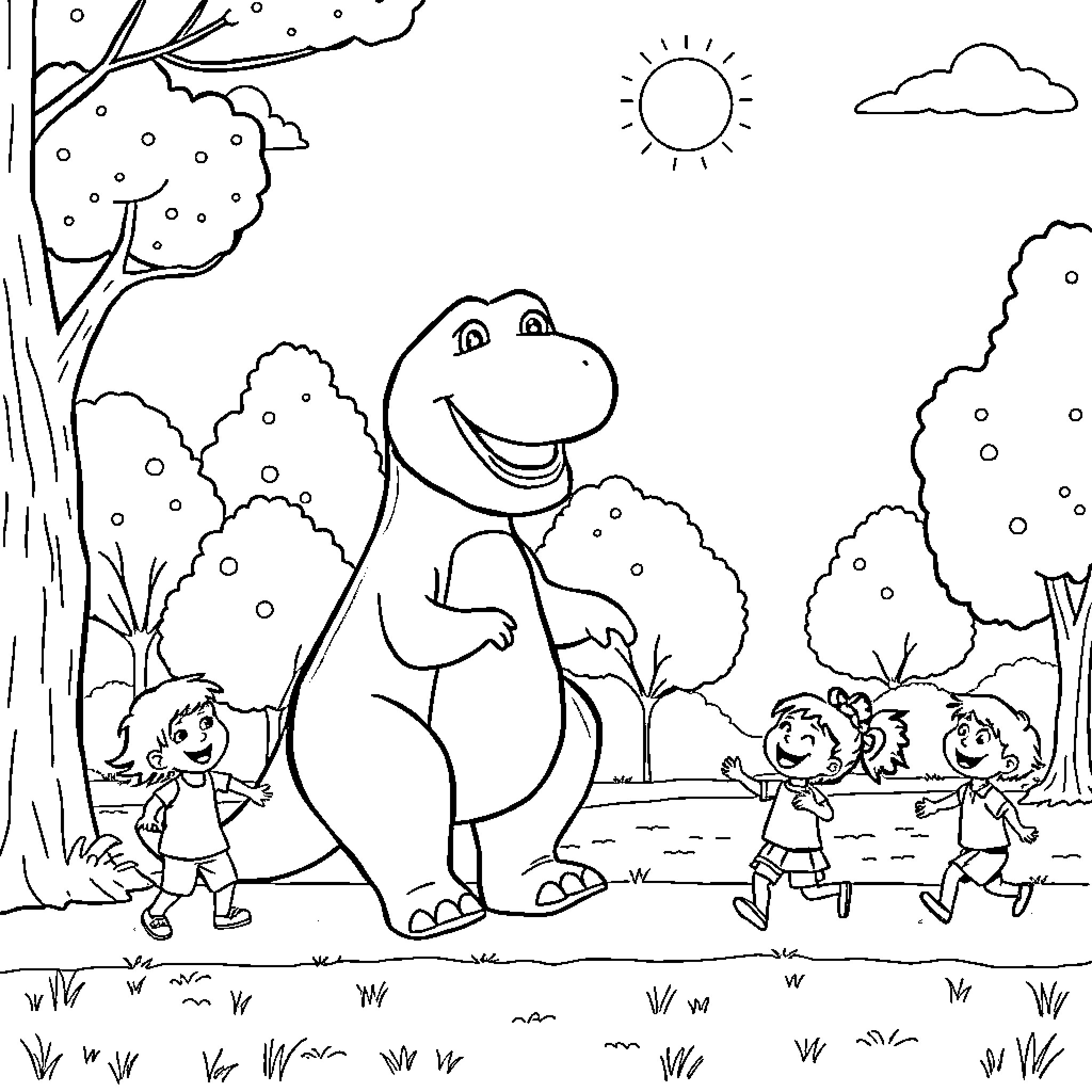 Barney playing with children in the park Coloring Page (free black-and-white line drawing printable PDF for all, from beginners to advanced learners, including children, teens, adults, and seniors)