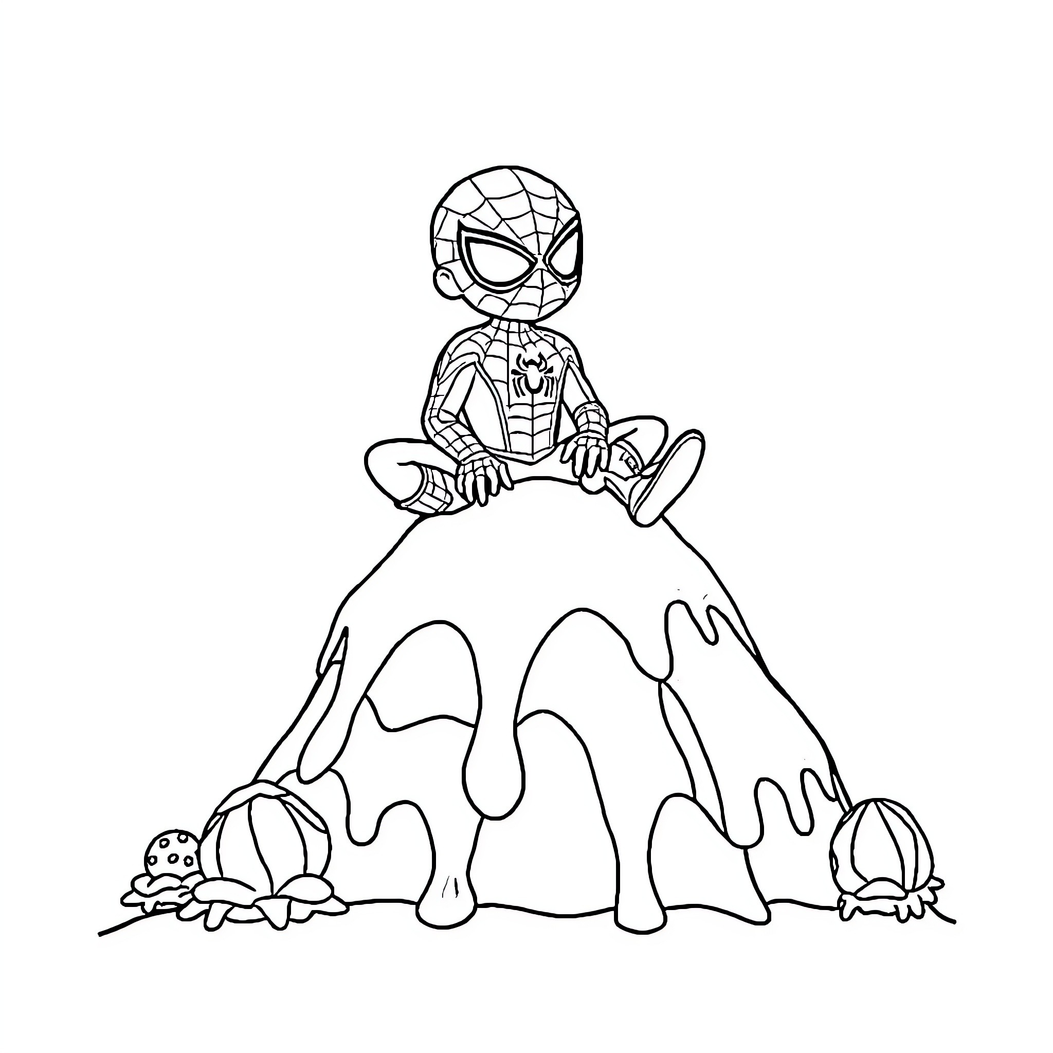 Spider-Man relaxing on an erupting volcano Coloring Page (free black-and-white line drawing printable PDF for all, from beginners to advanced learners, including children, teens, adults, and seniors)