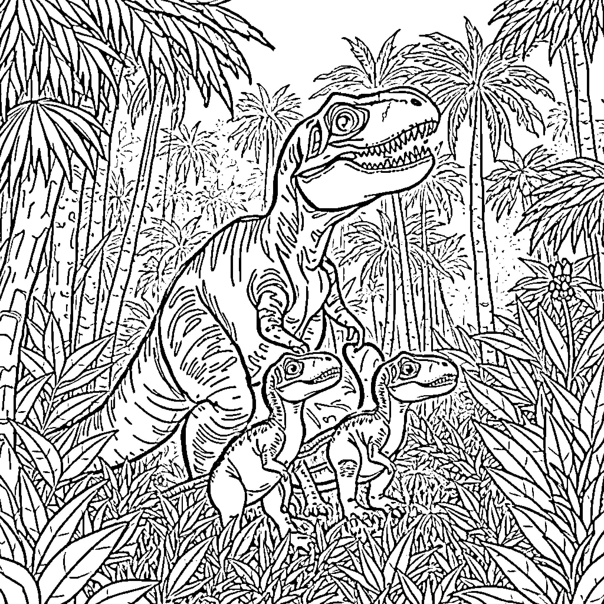 Dino family in lush tropical jungle Coloring Page (free black-and-white line drawing printable PDF for all, from beginners to advanced learners, including children, teens, adults, and seniors)