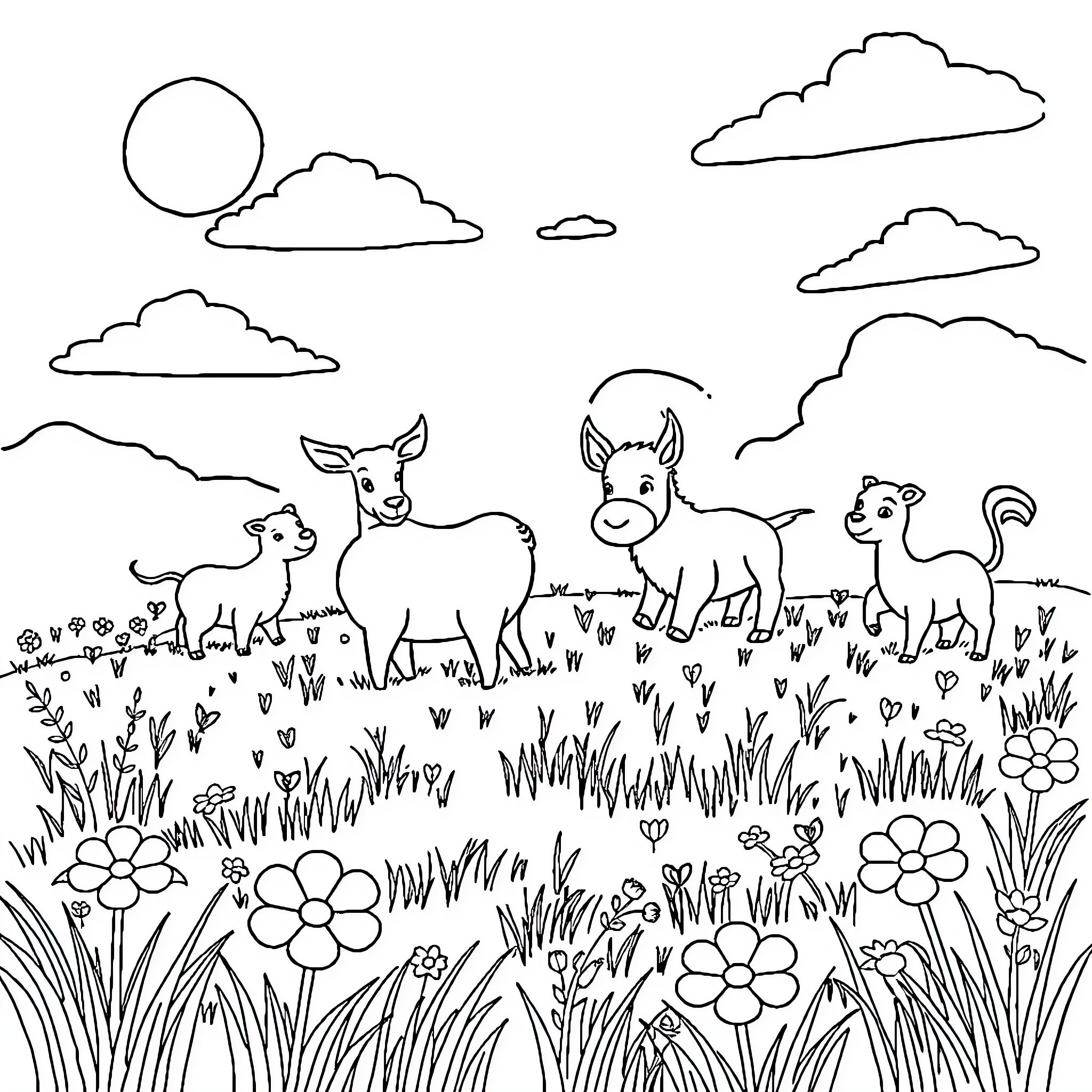 Animal friends in the meadow Coloring Page (free black-and-white line drawing printable PDF for all, from beginners to advanced learners, including children, teens, adults, and seniors)