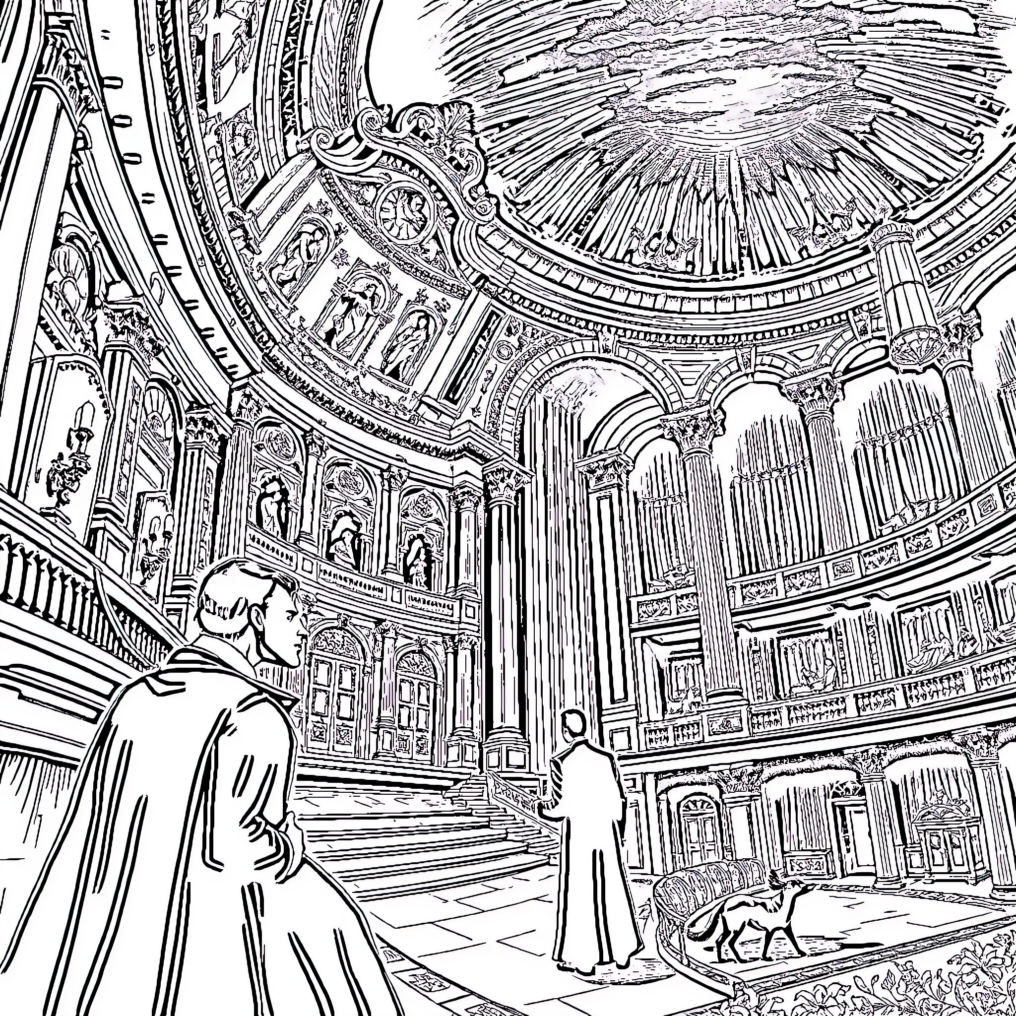 Phantom figures in a grand cathedral hall Coloring Page (free black-and-white line drawing printable PDF for all, from beginners to advanced learners, including children, teens, adults, and seniors)