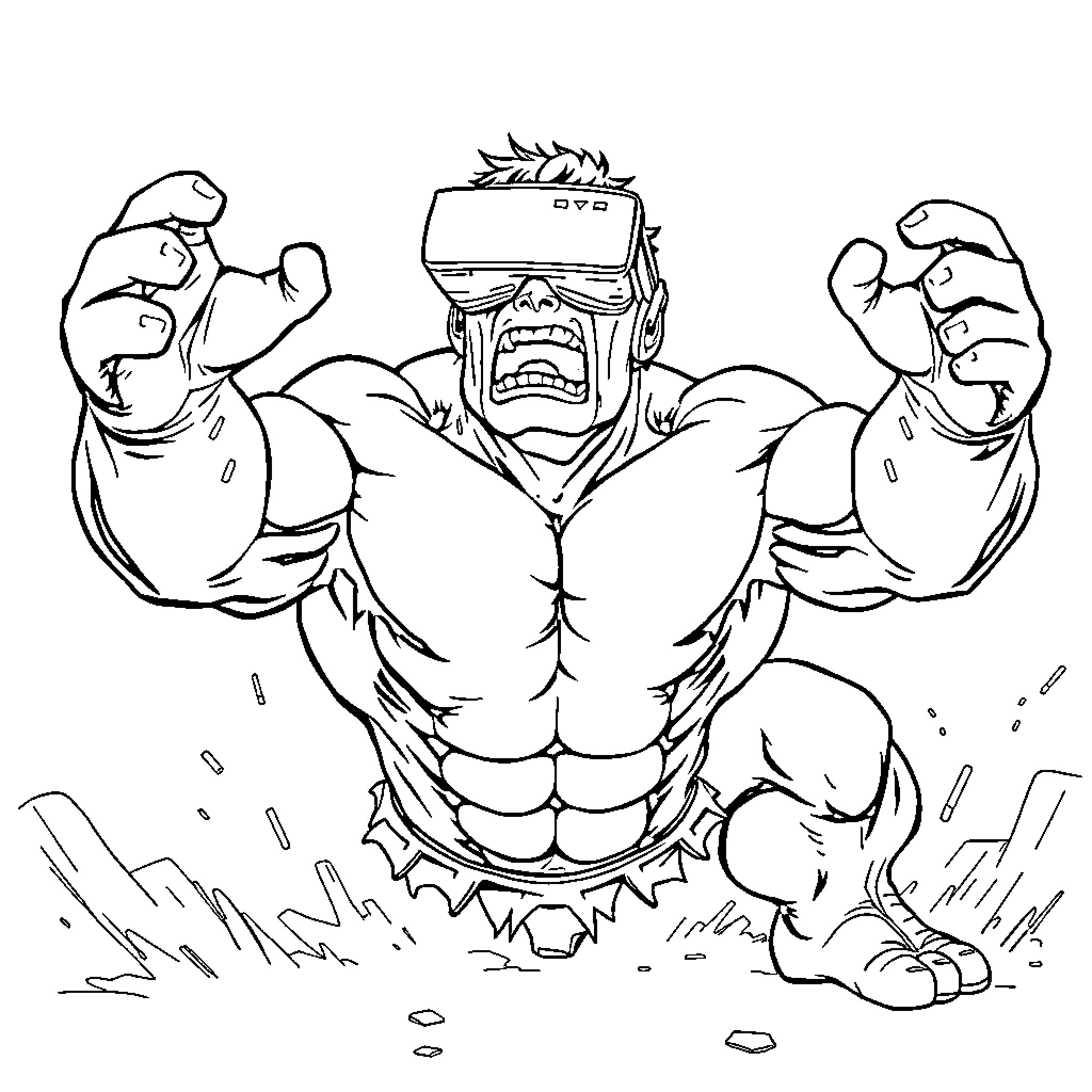 Hulk Smashing Through Virtual Reality Coloring Page (free black-and-white line drawing printable PDF for all, from beginners to advanced learners, including children, teens, adults, and seniors)