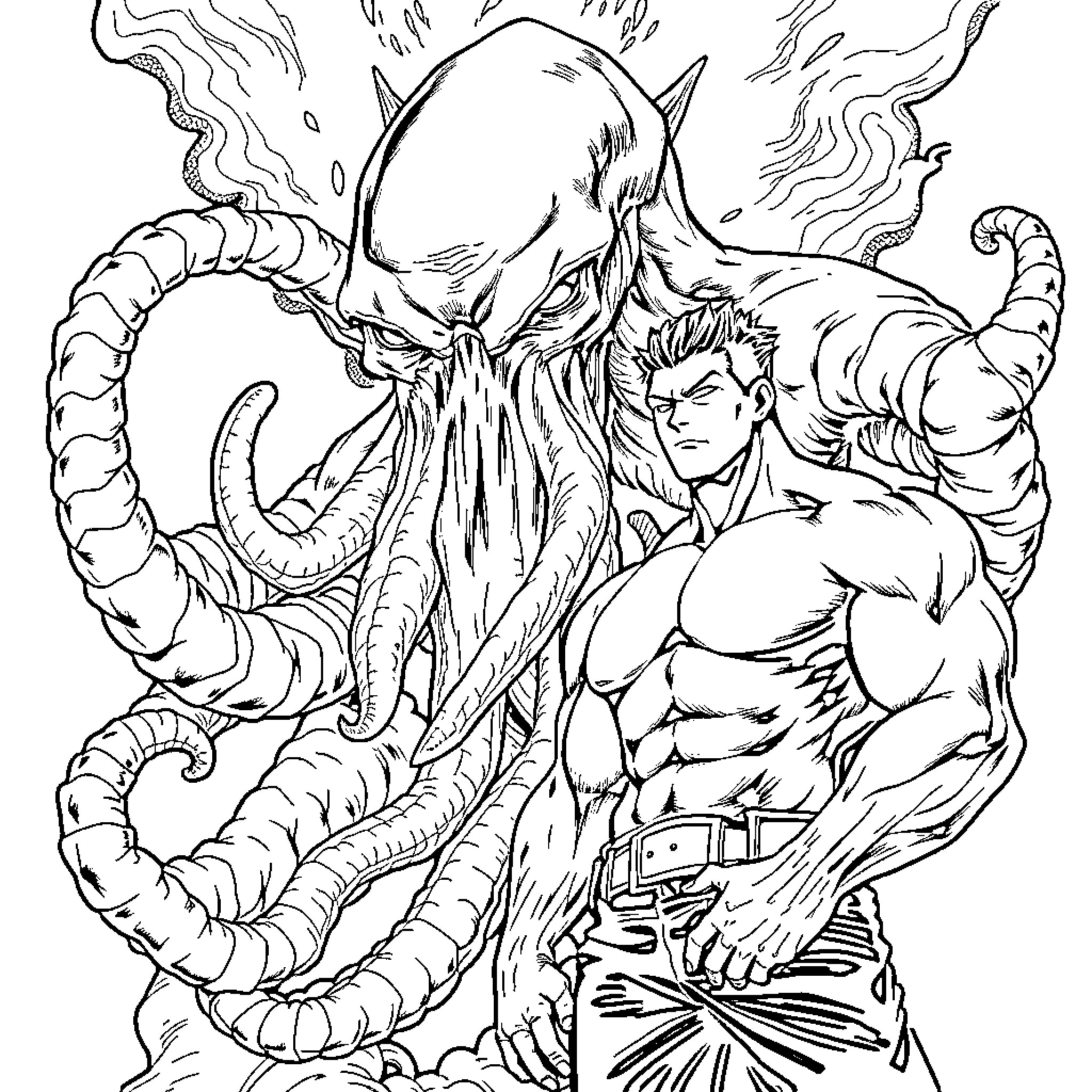 Cthulhu's Fearsome Encounter with a Muscular Warrior Coloring Page (free black-and-white line drawing printable PDF for all, from beginners to advanced learners, including children, teens, adults, and seniors)