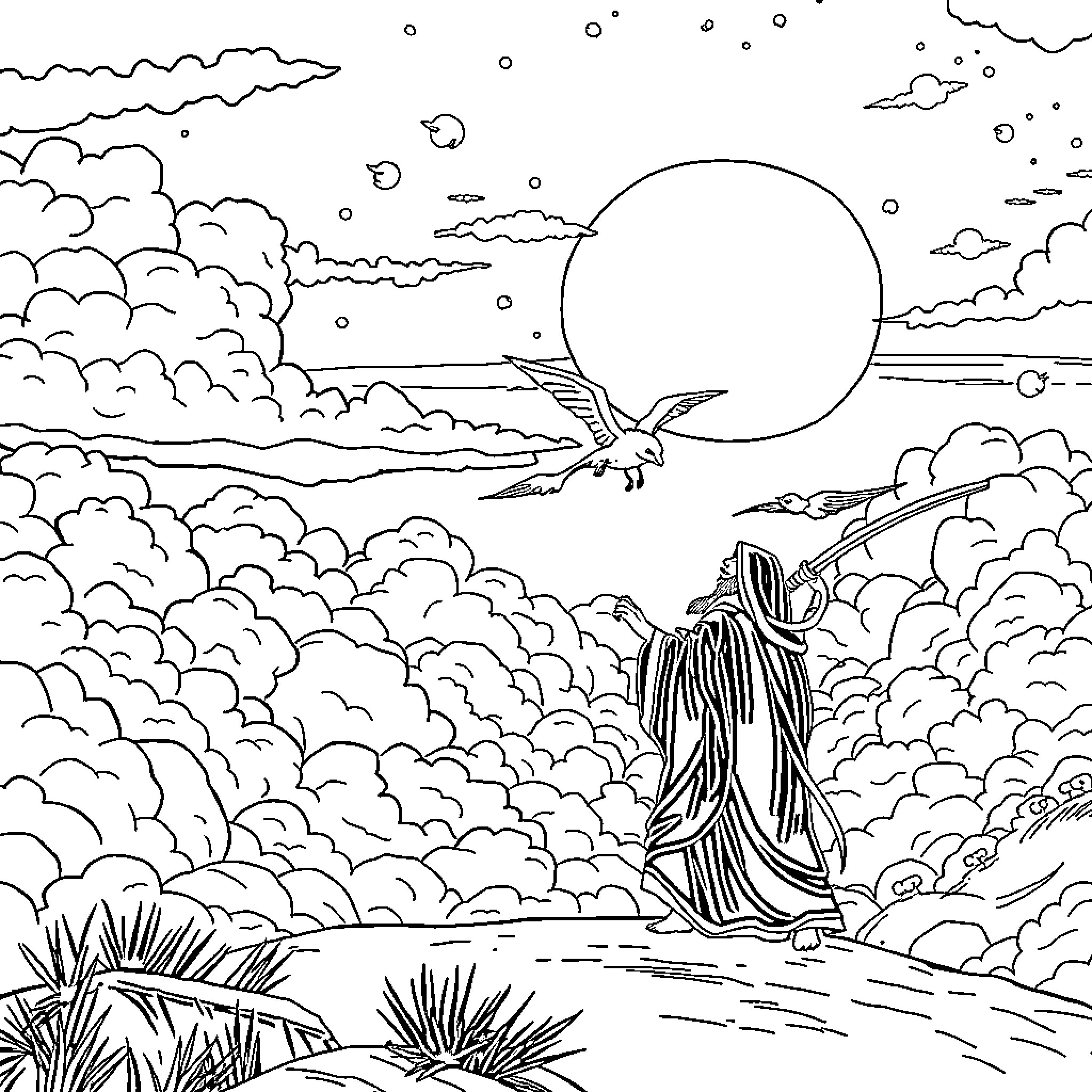 Rumi's serene journey through the cloudy landscape Coloring Page (free black-and-white line drawing printable PDF for all, from beginners to advanced learners, including children, teens, adults, and seniors)