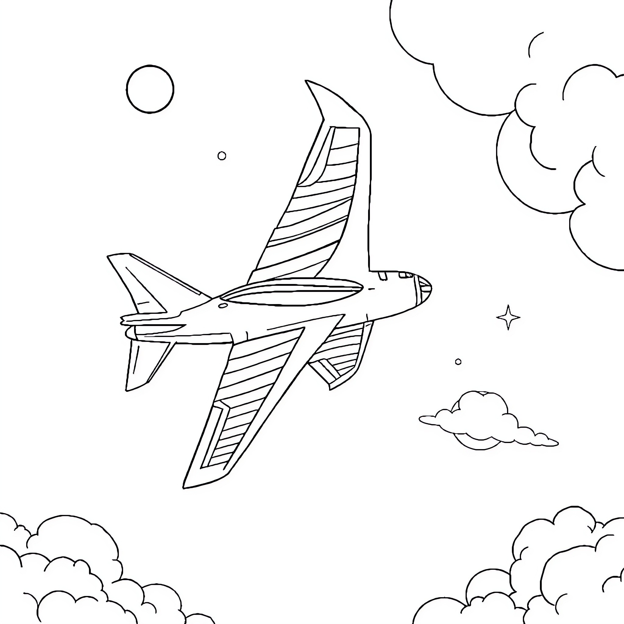 Pesawat Tempur soaring through the sky Coloring Page (free black-and-white line drawing printable PDF for all, from beginners to advanced learners, including children, teens, adults, and seniors)
