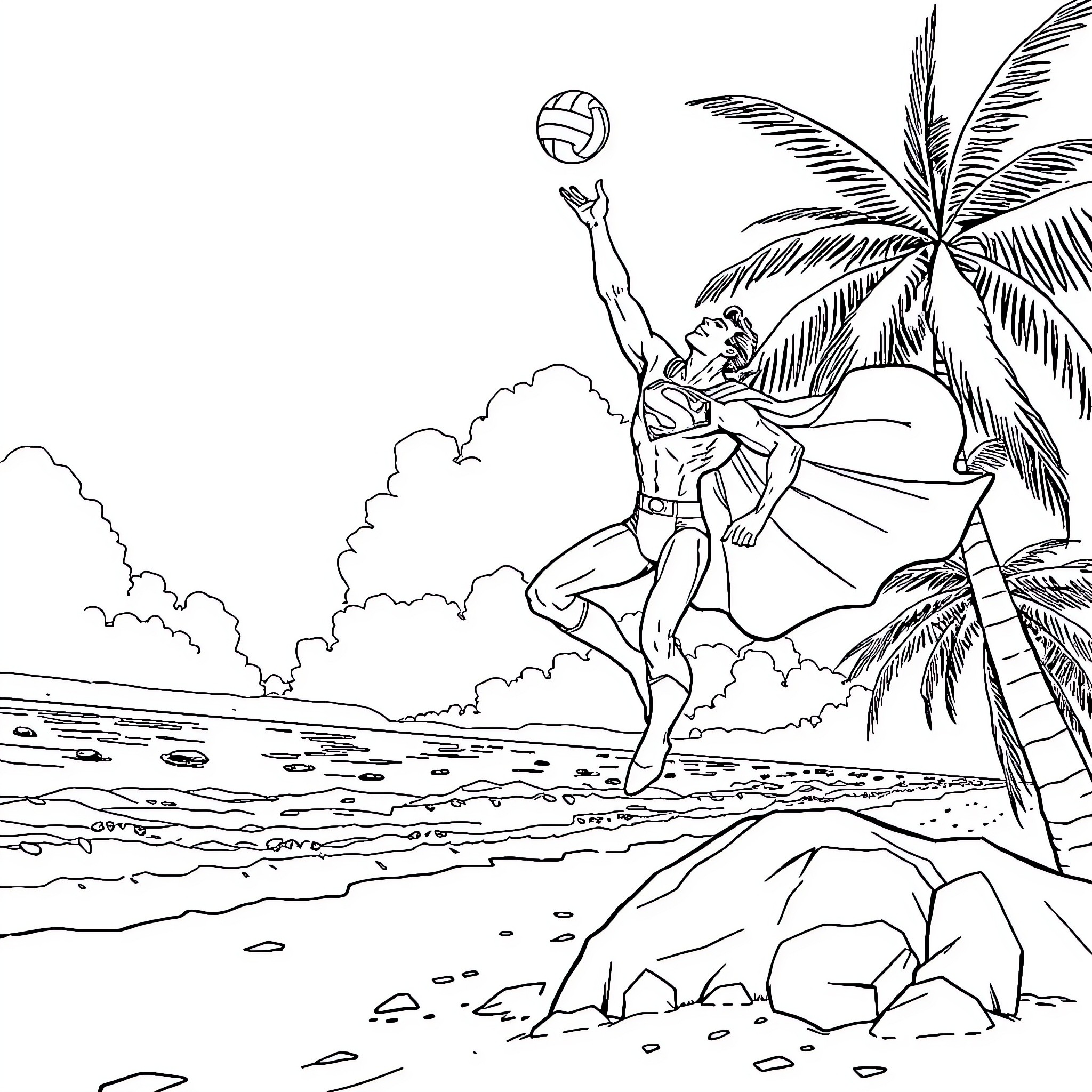 Superman playing volleyball on tropical beach Coloring Page (free black-and-white line drawing printable PDF for all, from beginners to advanced learners, including children, teens, adults, and seniors)