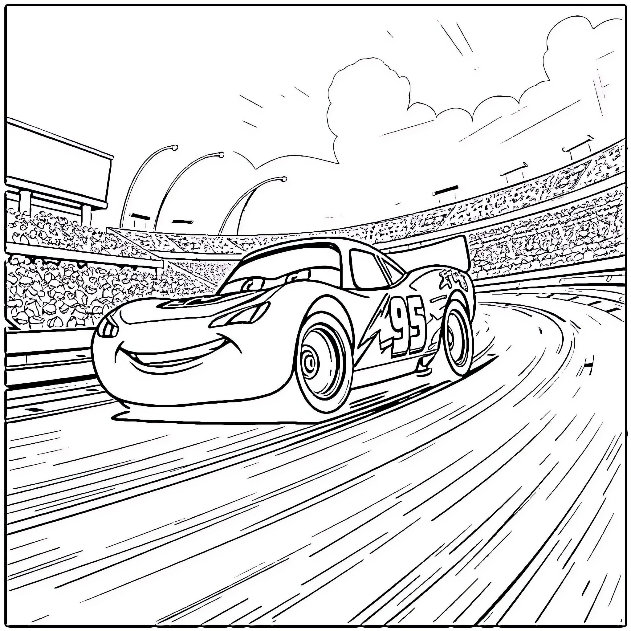 Lightning McQueen racing on the track Coloring Page (free black-and-white line drawing printable PDF for all, from beginners to advanced learners, including children, teens, adults, and seniors)