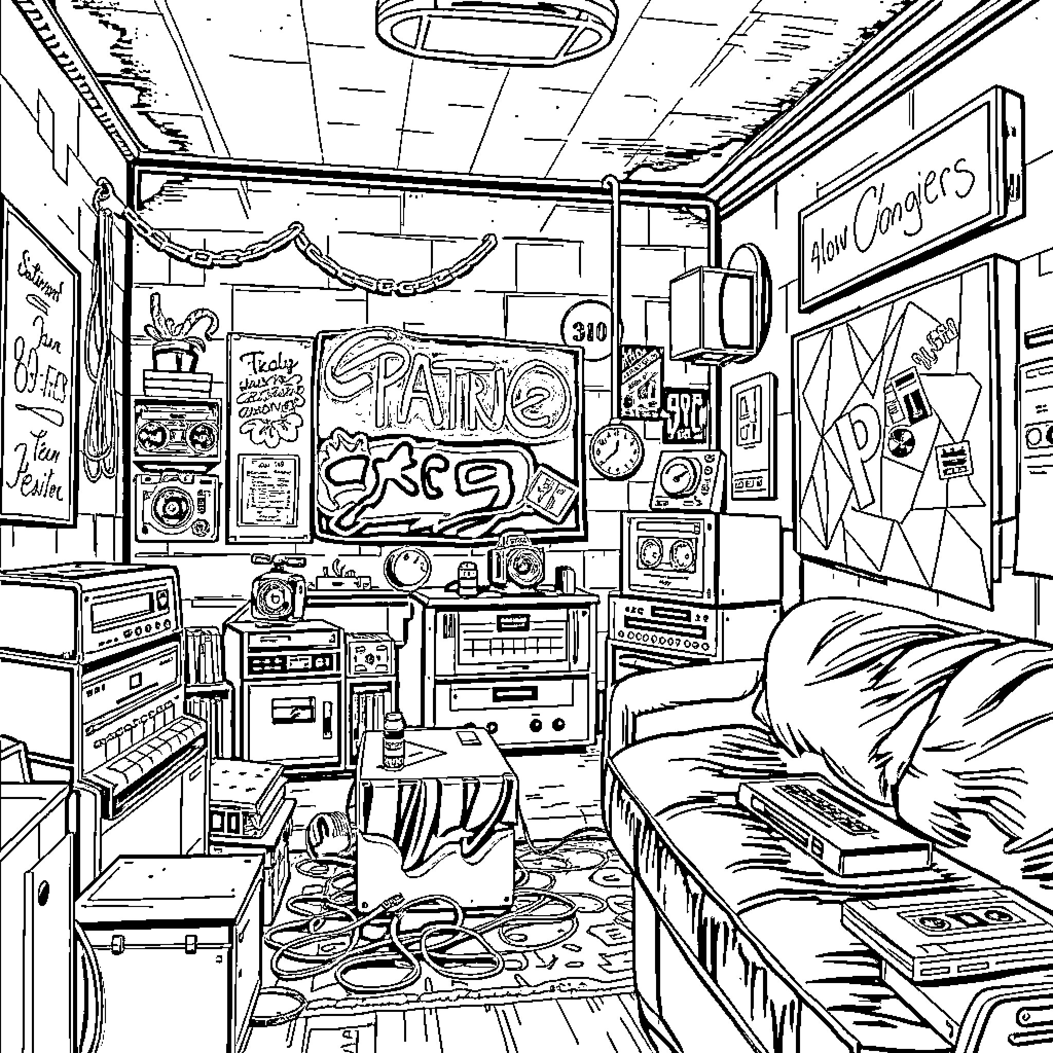 Retro Cluttered Gaming Space with Retro Electronics Coloring Page (free black-and-white line drawing printable PDF for all, from beginners to advanced learners, including children, teens, adults, and seniors)