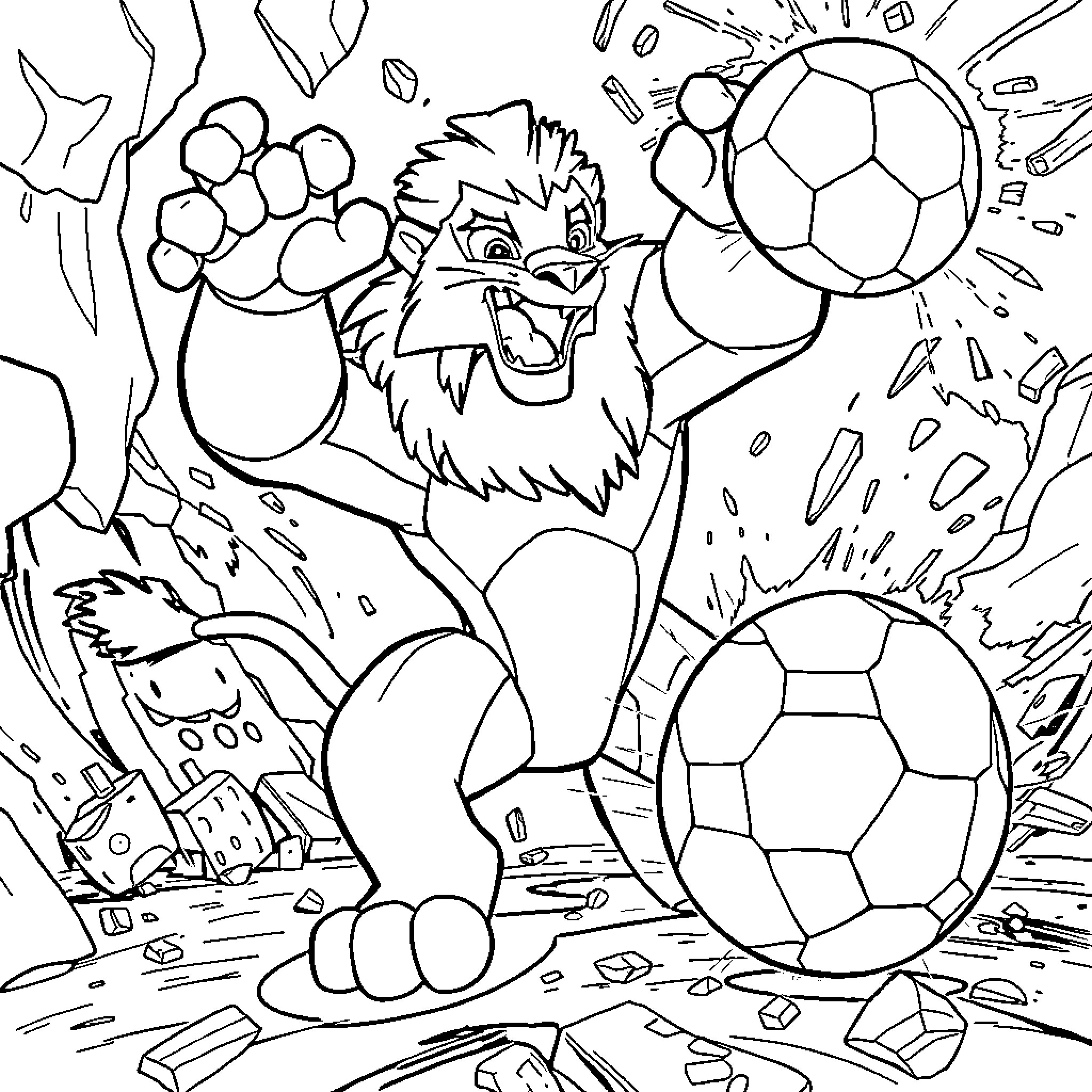 Lion Playing with Soccer Balls in Chaos Coloring Page (free black-and-white line drawing printable PDF for all, from beginners to advanced learners, including children, teens, adults, and seniors)