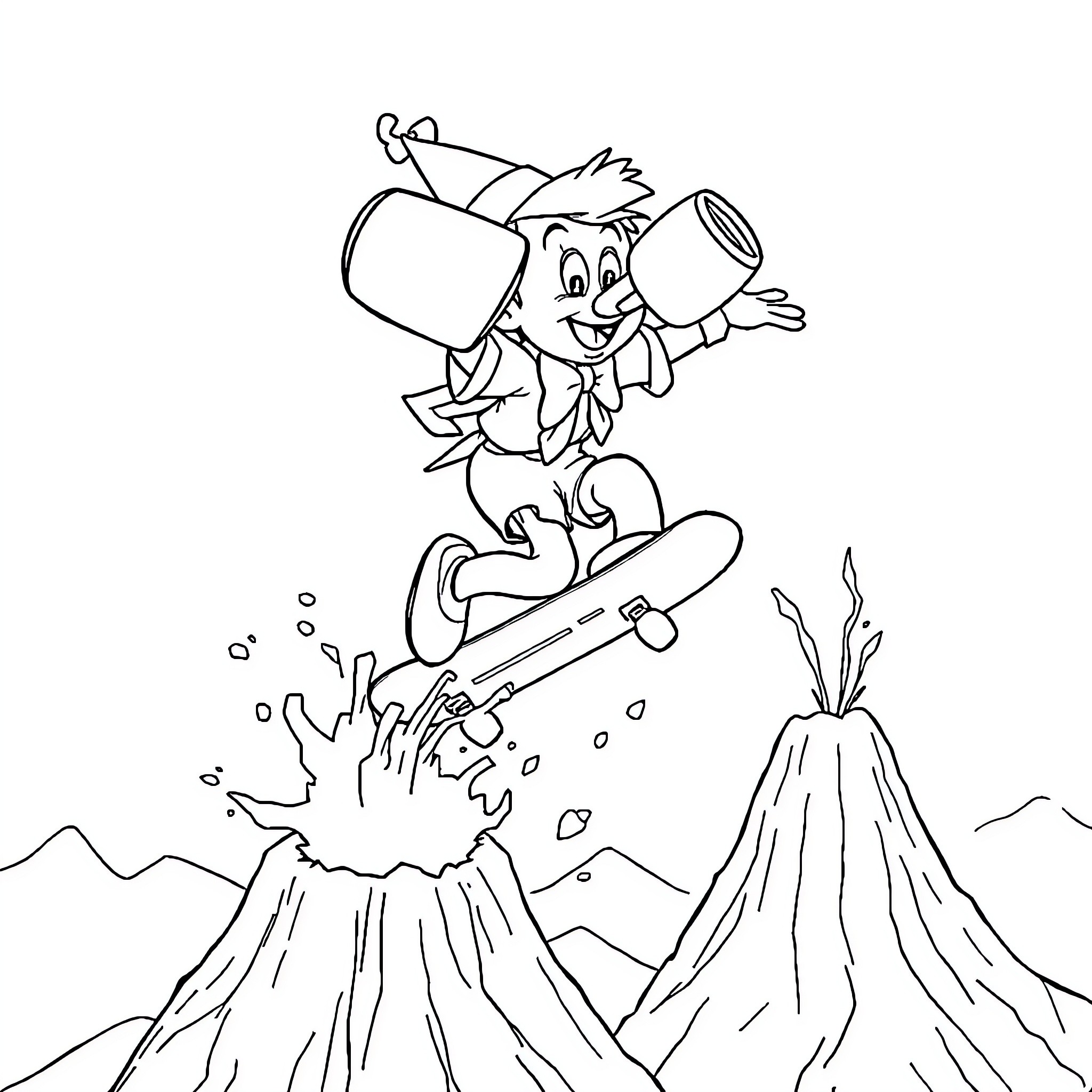 Pinocchio jumping over a volcano Coloring Page (free black-and-white line drawing printable PDF for all, from beginners to advanced learners, including children, teens, adults, and seniors)