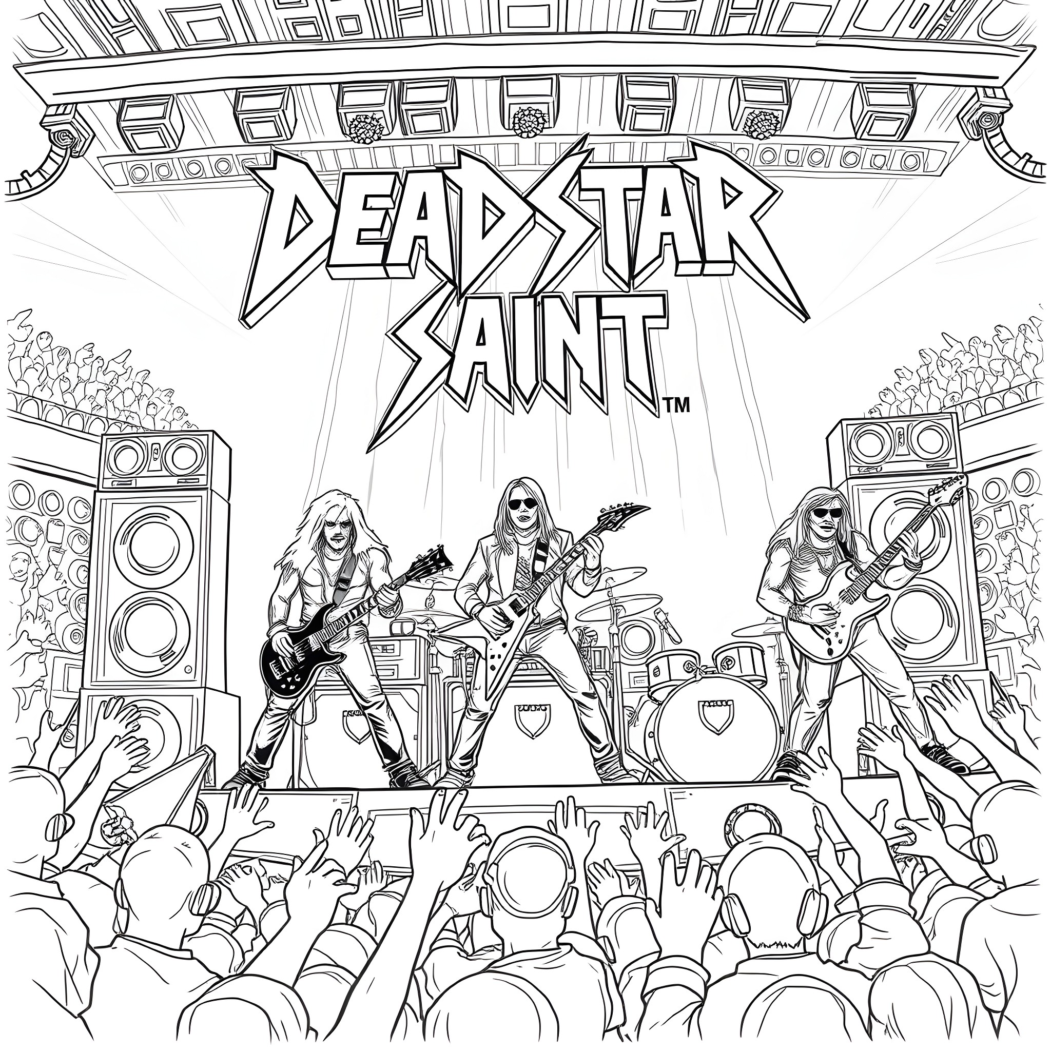 Heavy Metal Band Performing on Stage with Energetic Crowd Coloring Page (free black-and-white line drawing printable PDF for all, from beginners to advanced learners, including children, teens, adults, and seniors)