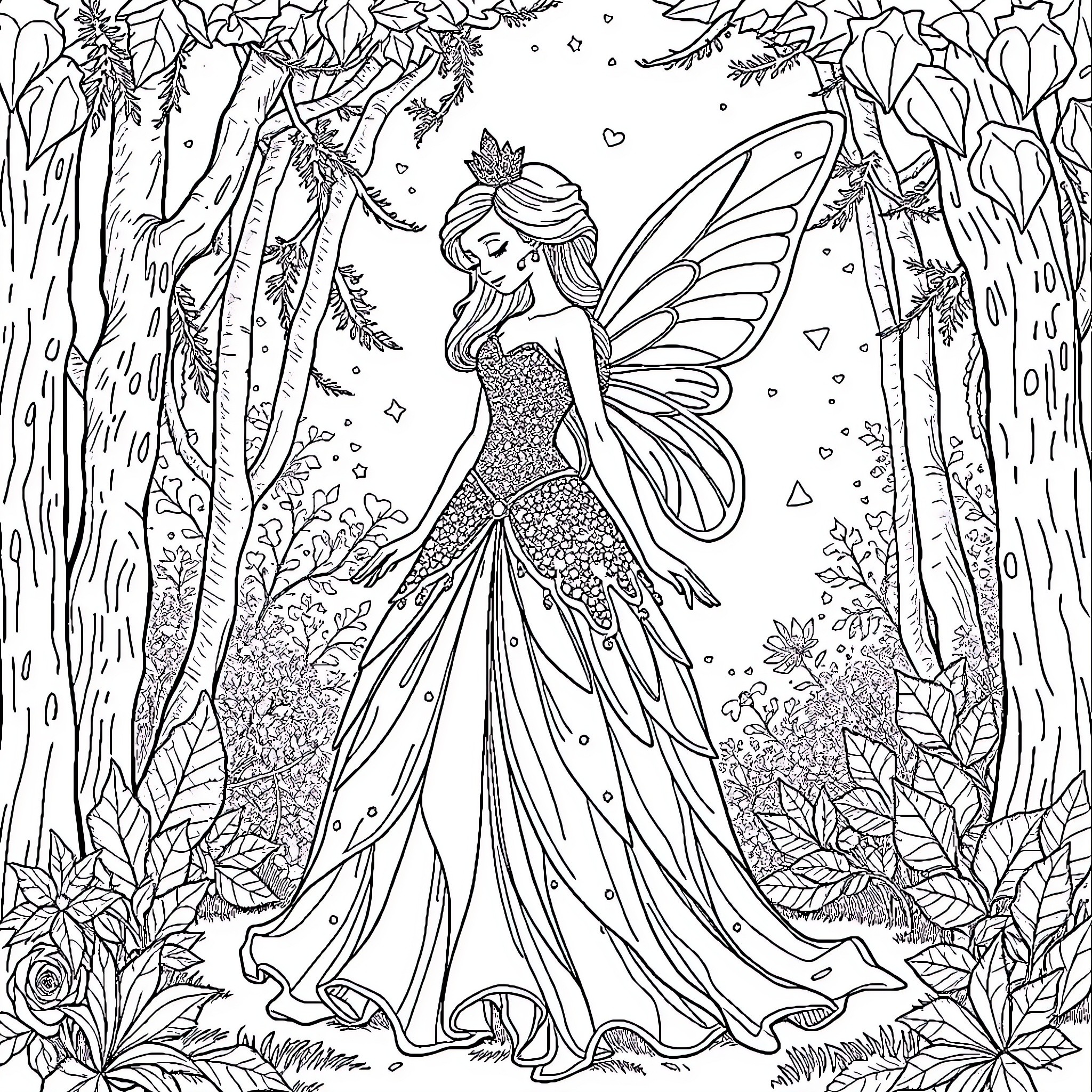 Fairy Princess in Enchanted Forest Coloring Page (free black-and-white line drawing printable PDF for all, from beginners to advanced learners, including children, teens, adults, and seniors)