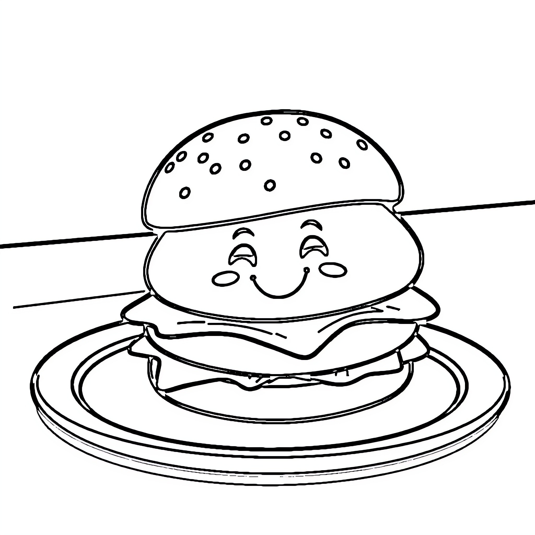 Hamburger character smiling on plate Coloring Page (free black-and-white line drawing printable PDF for all, from beginners to advanced learners, including children, teens, adults, and seniors)