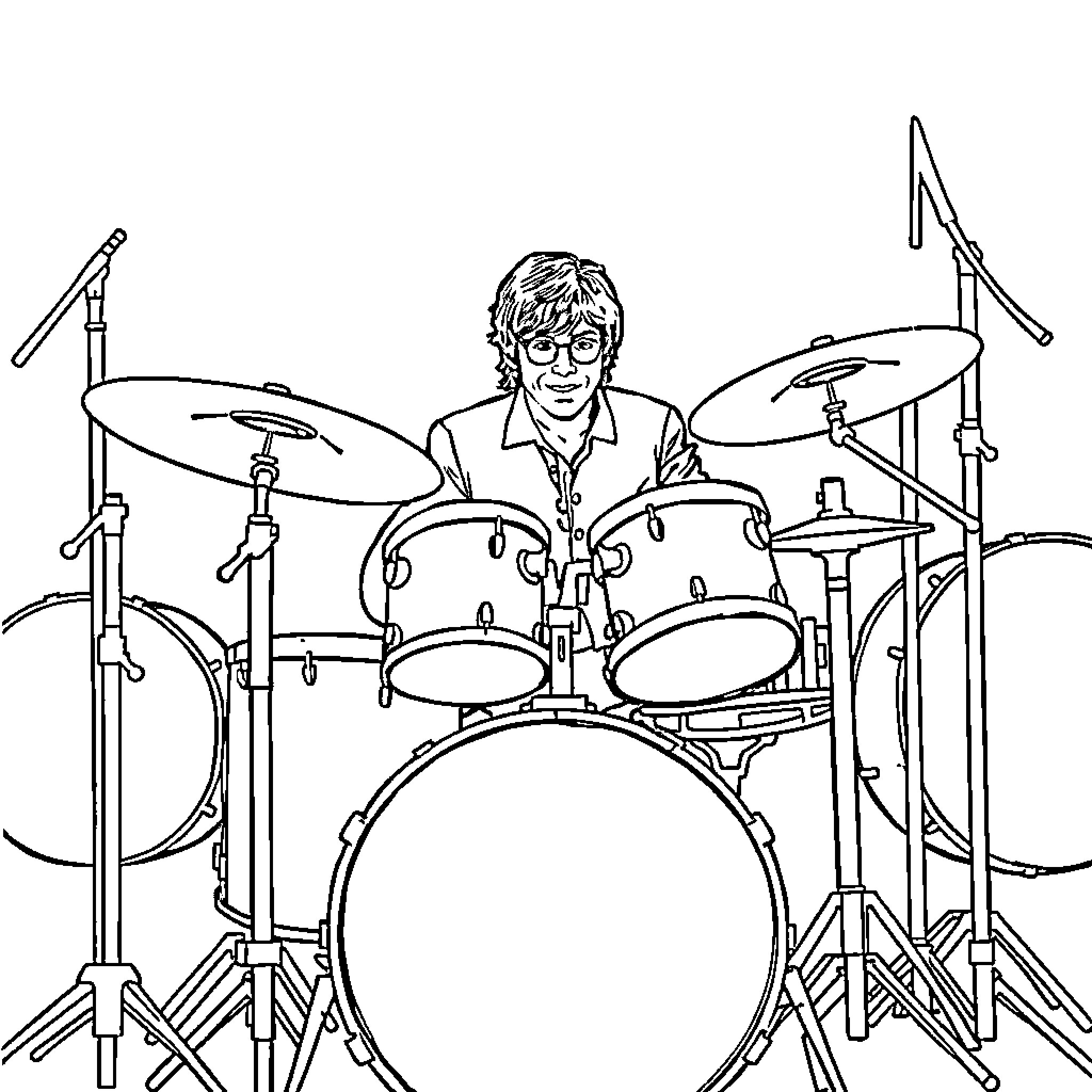 Ringo Starr playing drums on stage Coloring Page (free black-and-white line drawing printable PDF for all, from beginners to advanced learners, including children, teens, adults, and seniors)