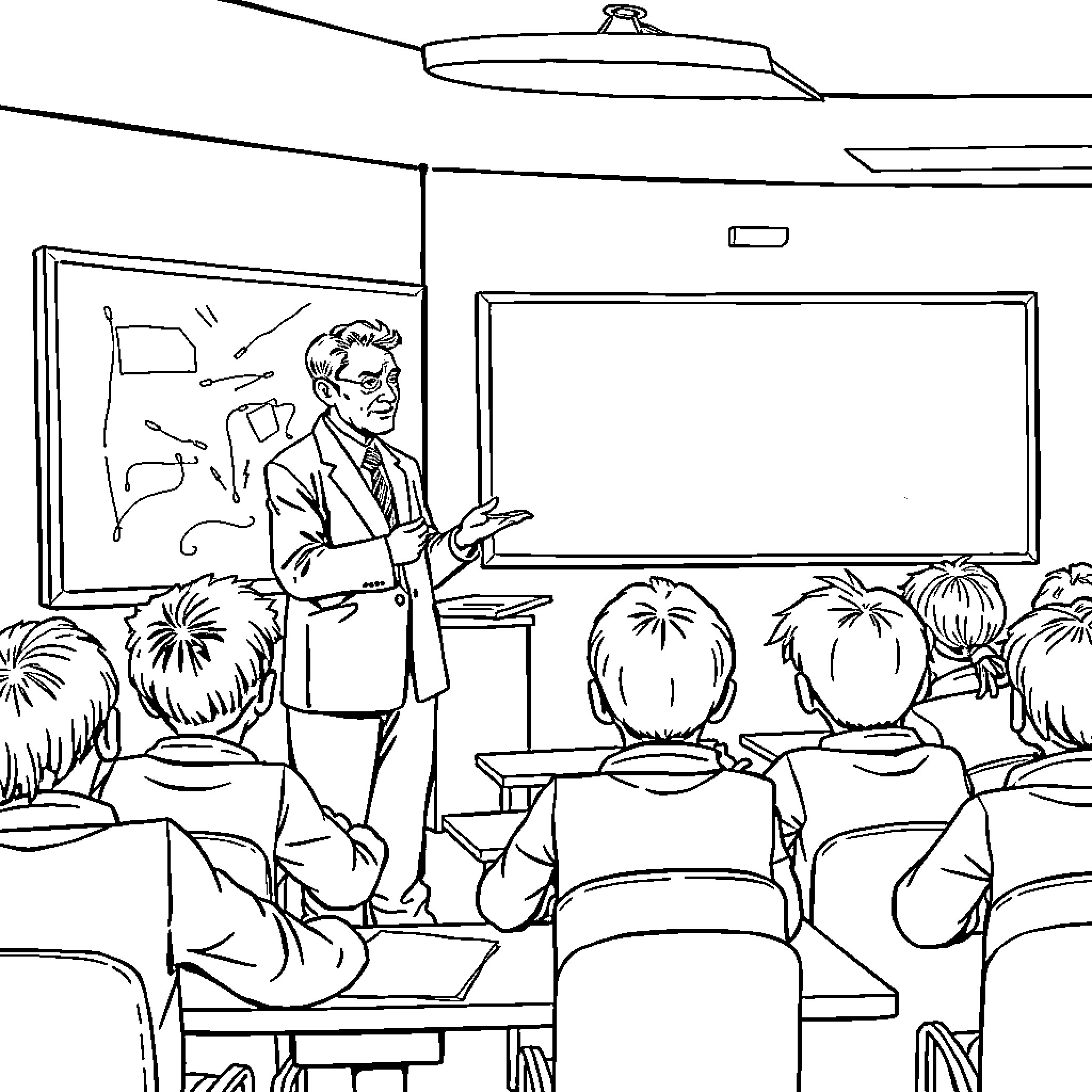Teacher instructing students in classroom Coloring Page (free black-and-white line drawing printable PDF for all, from beginners to advanced learners, including children, teens, adults, and seniors)