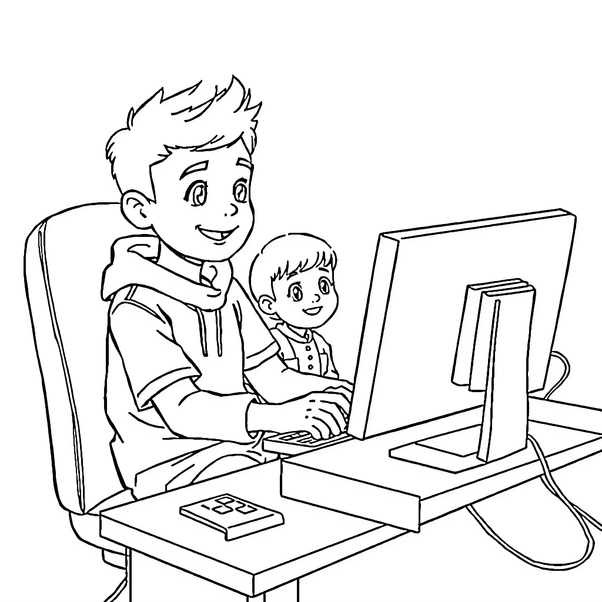 Pumuda Cartoon Boy Playing Computer Game Coloring Page (free black-and-white line drawing printable PDF for all, from beginners to advanced learners, including children, teens, adults, and seniors)