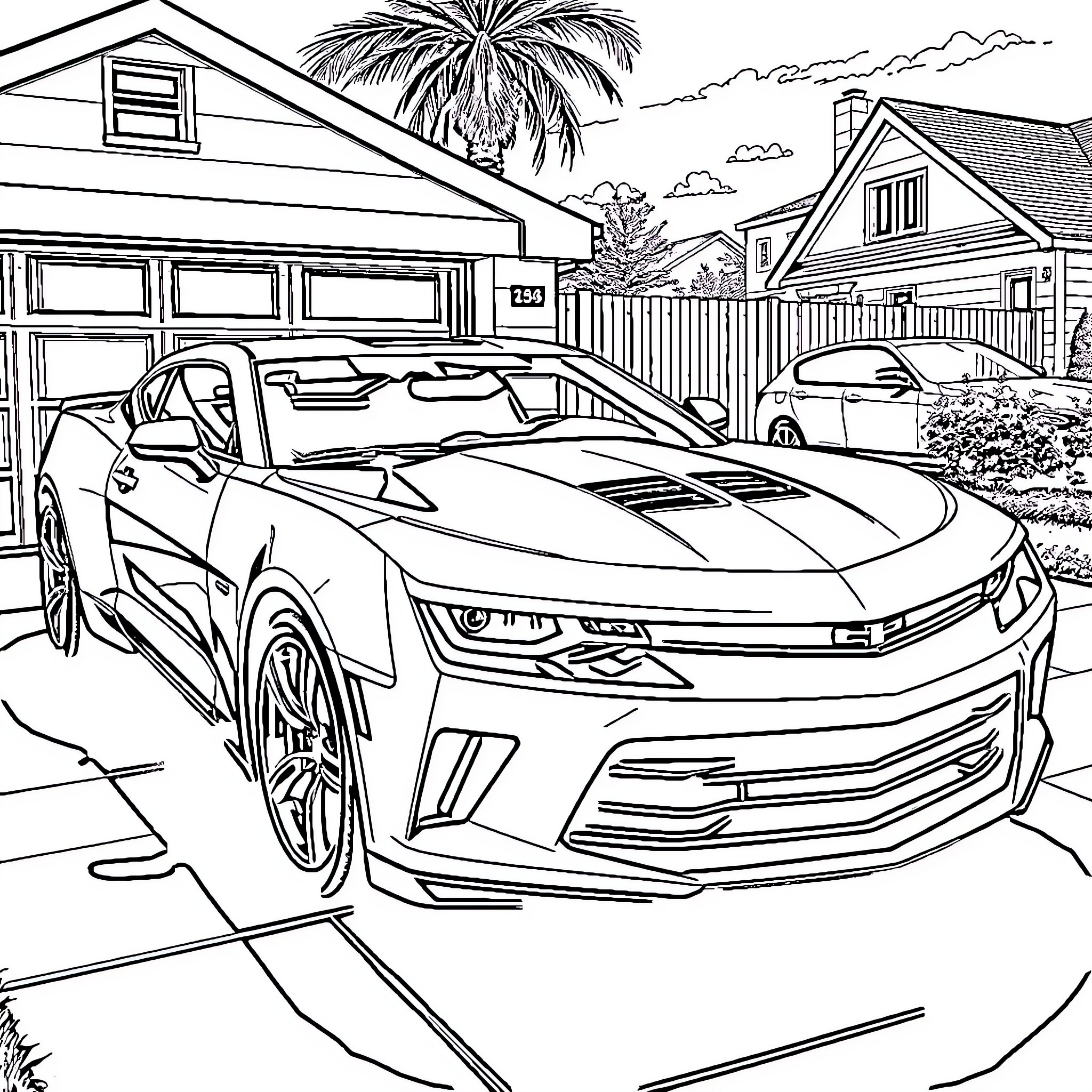 Iroc Camaro in suburban neighborhood Coloring Page (free black-and-white line drawing printable PDF for all, from beginners to advanced learners, including children, teens, adults, and seniors)