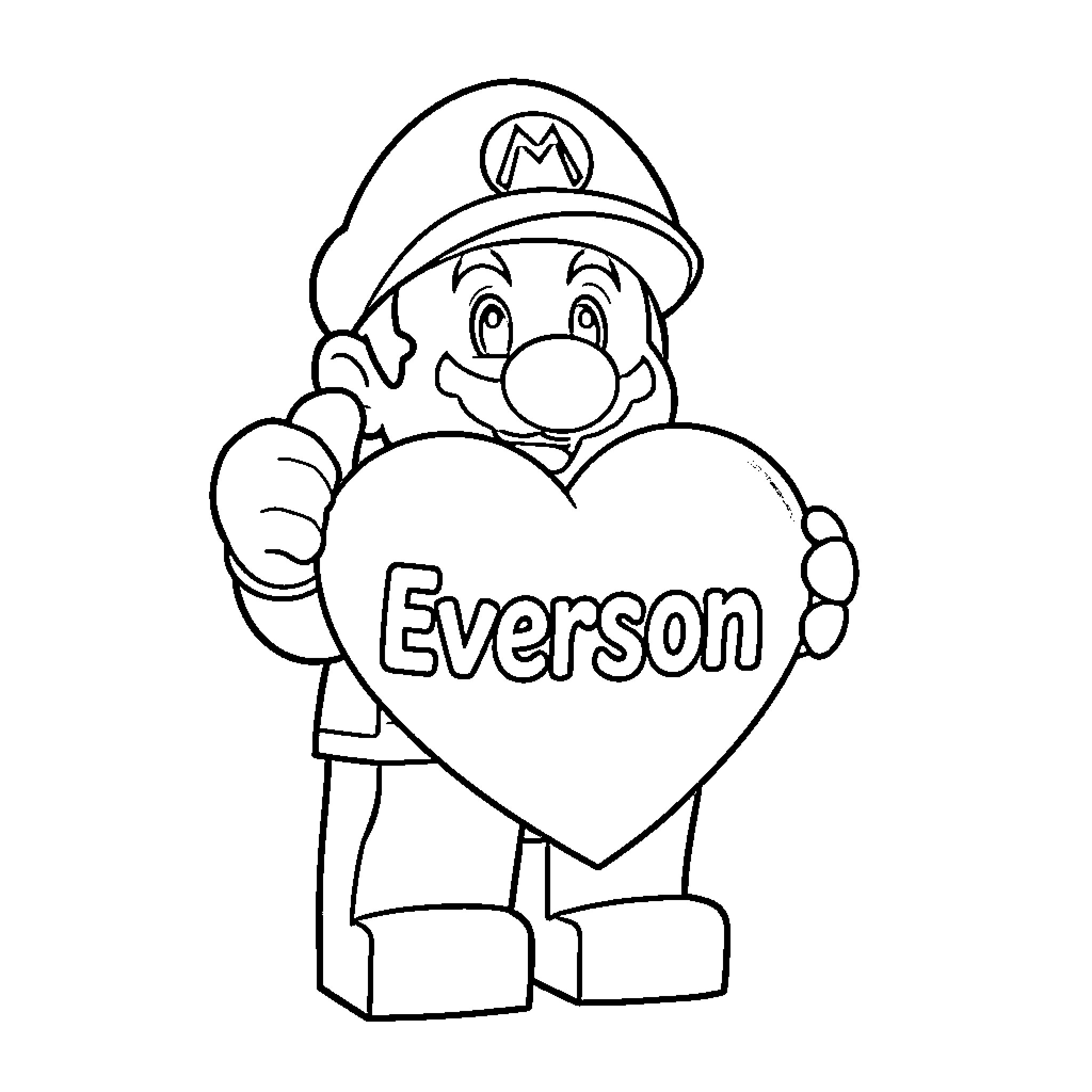 Lego Mario holding a heart-shaped sign Coloring Page (free black-and-white line drawing printable PDF for all, from beginners to advanced learners, including children, teens, adults, and seniors)