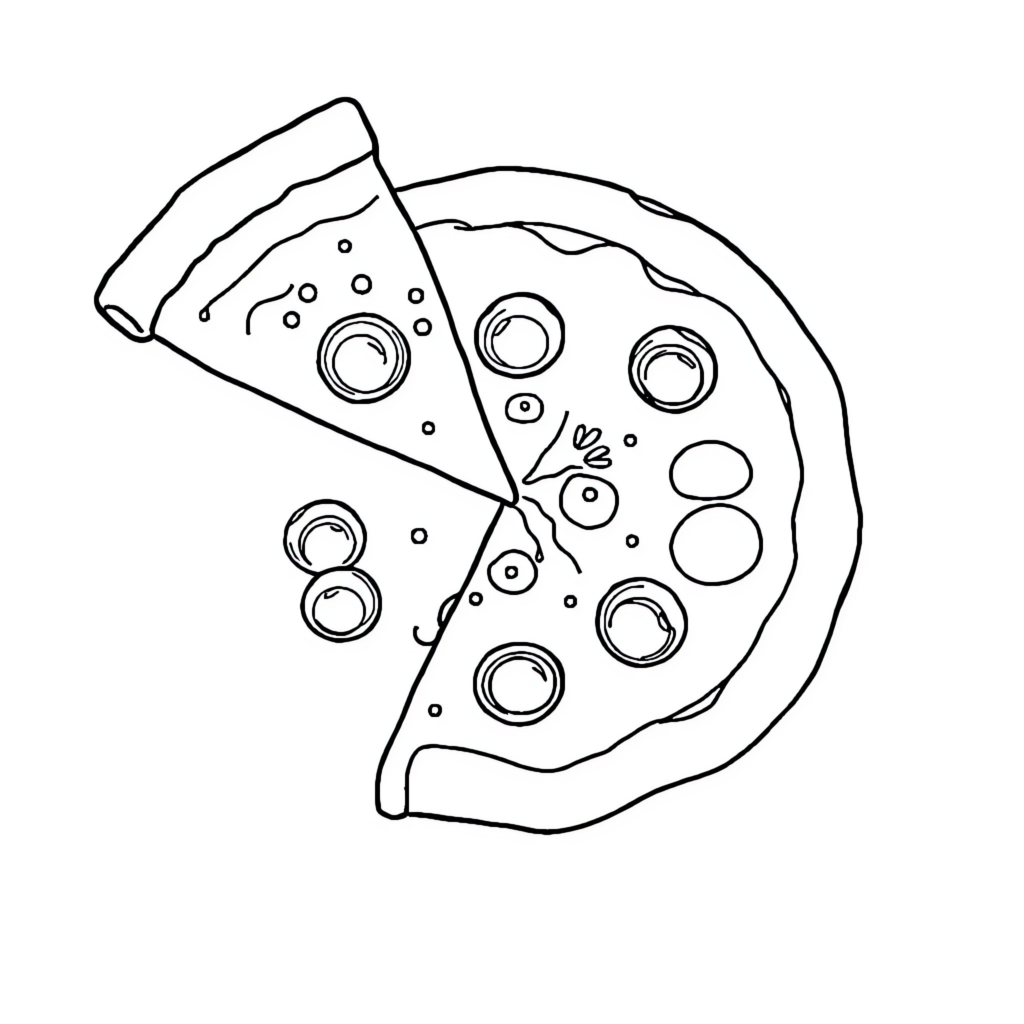 Pizza Slice with Whimsical Toppings Coloring Page (free black-and-white line drawing printable PDF for all, from beginners to advanced learners, including children, teens, adults, and seniors)