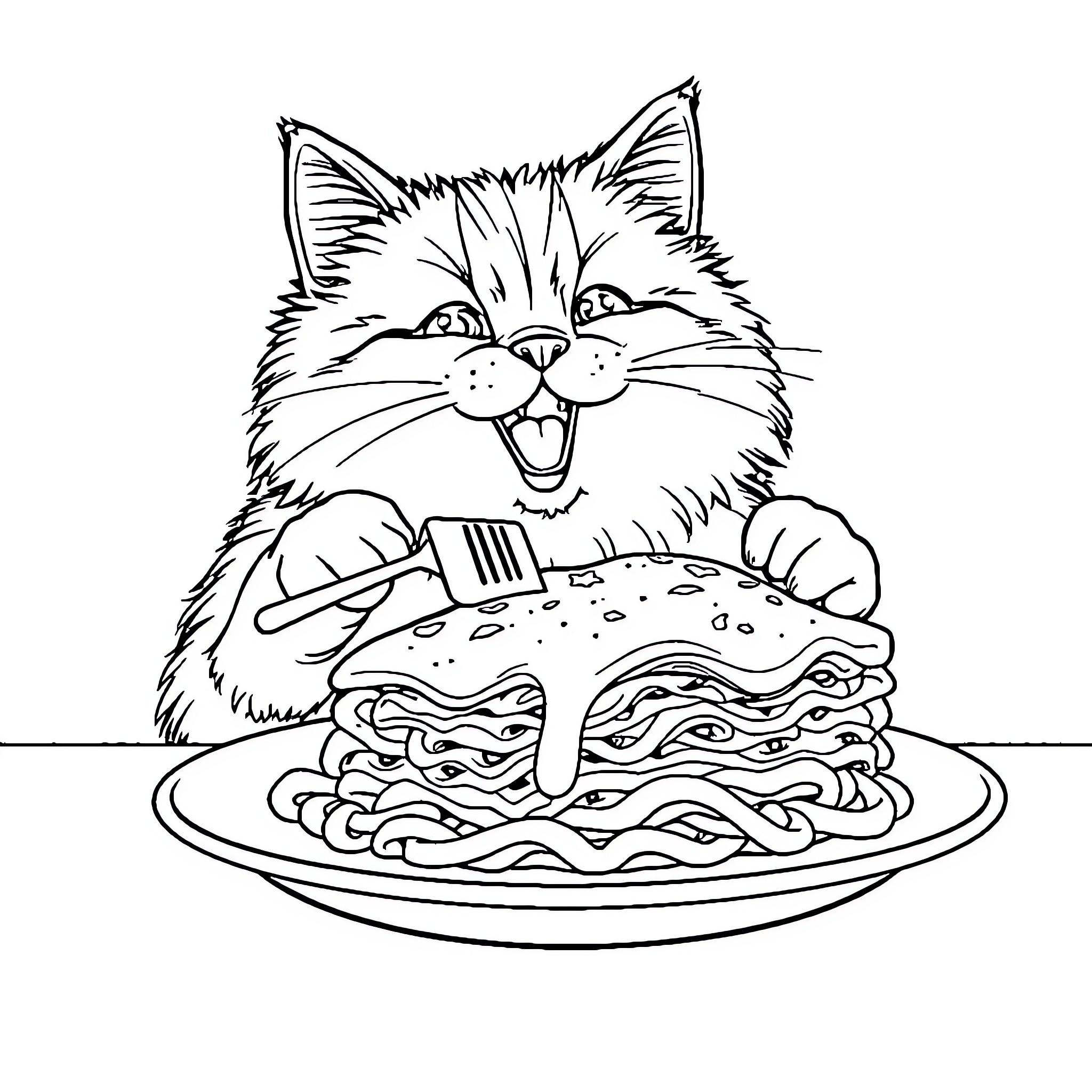 Cat enjoying a delicious meal Coloring Page (free black-and-white line drawing printable PDF for all, from beginners to advanced learners, including children, teens, adults, and seniors)