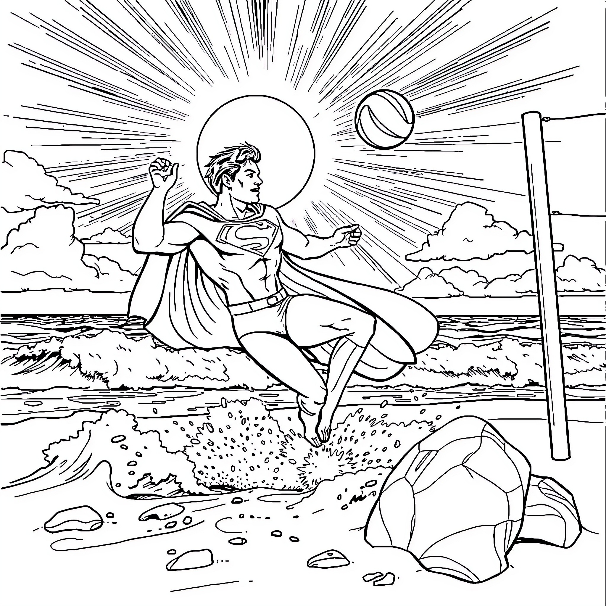 Superman flying through the sky with determination Coloring Page (free black-and-white line drawing printable PDF for all, from beginners to advanced learners, including children, teens, adults, and seniors)