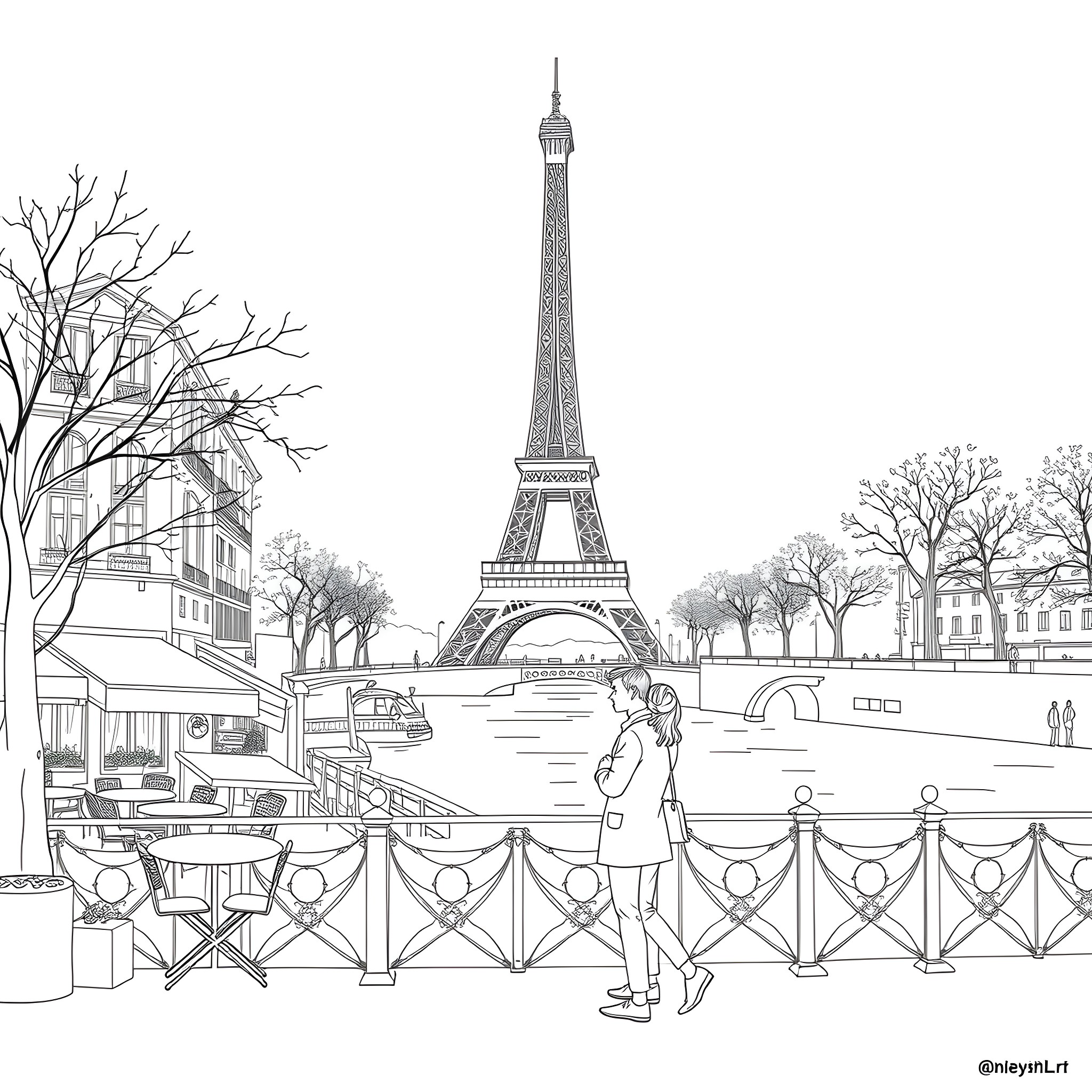 Romance in Paris: Couple Embracing by the Eiffel Tower Coloring Page (free black-and-white line drawing printable PDF for all, from beginners to advanced learners, including children, teens, adults, and seniors)