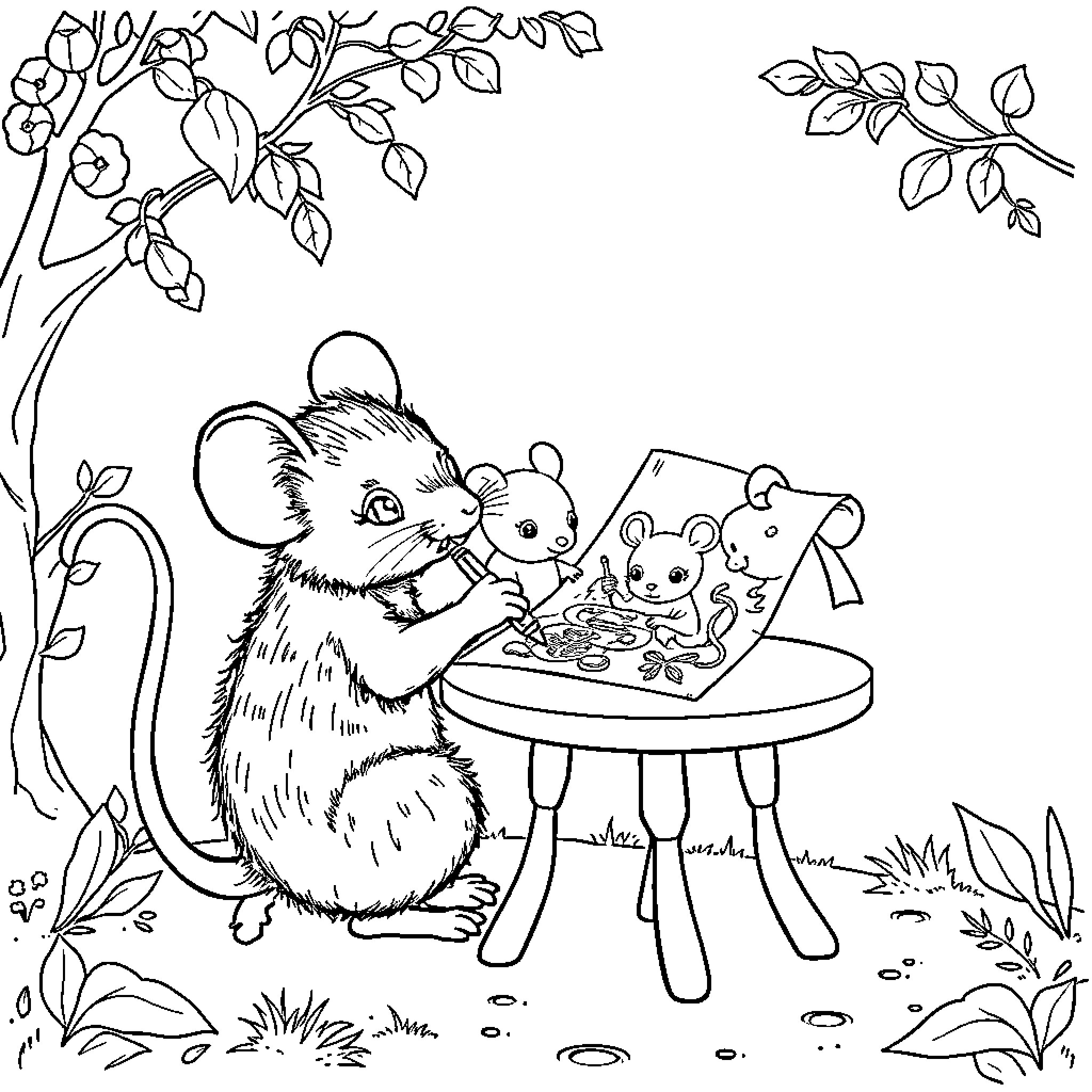 Mouse family enjoying a picnic in the forest Coloring Page (free black-and-white line drawing printable PDF for all, from beginners to advanced learners, including children, teens, adults, and seniors)