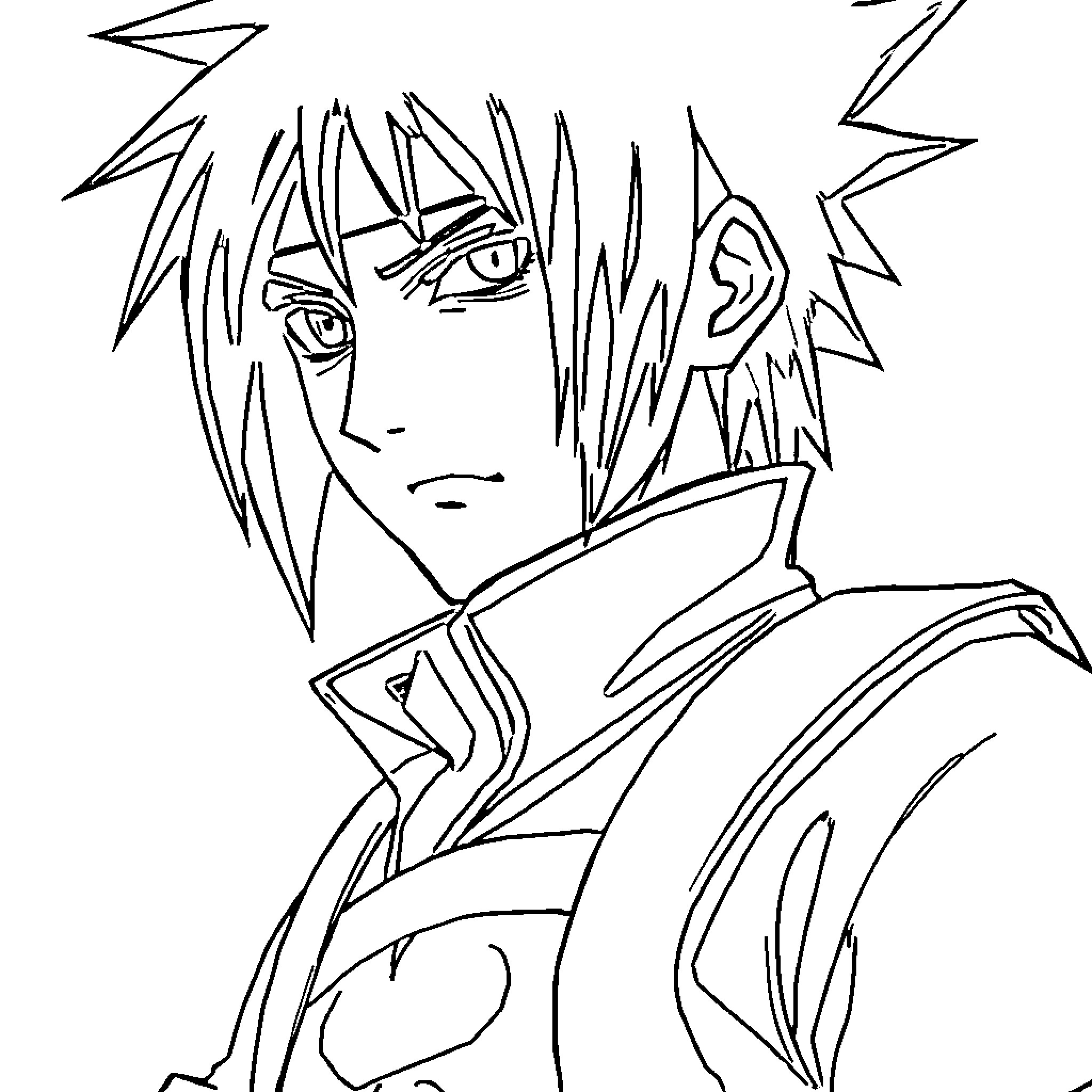 Sasuke's Intense Expression and Powerful Stance Coloring Page (free black-and-white line drawing printable PDF for all, from beginners to advanced learners, including children, teens, adults, and seniors)