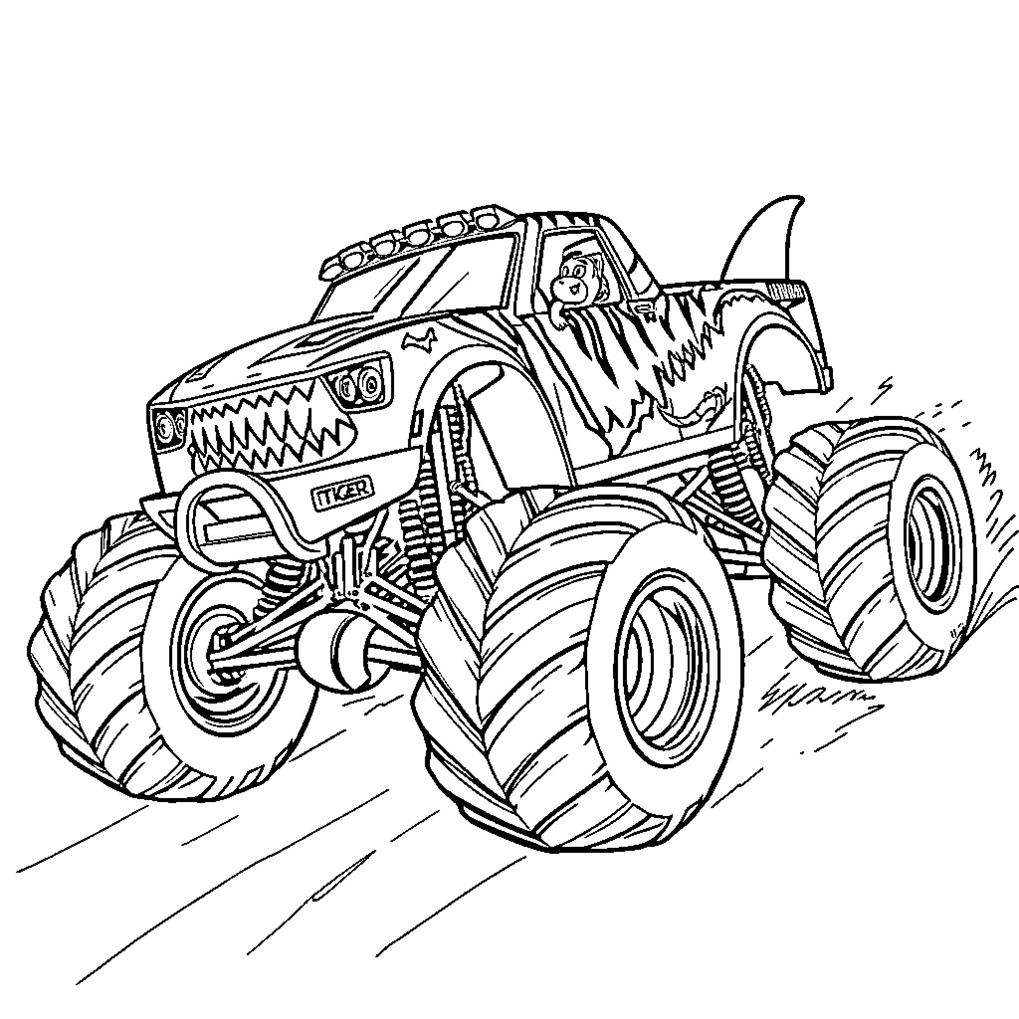 Tiger Shark Monster Truck Racing Across Terrain Coloring Page (free black-and-white line drawing printable PDF for all, from beginners to advanced learners, including children, teens, adults, and seniors)