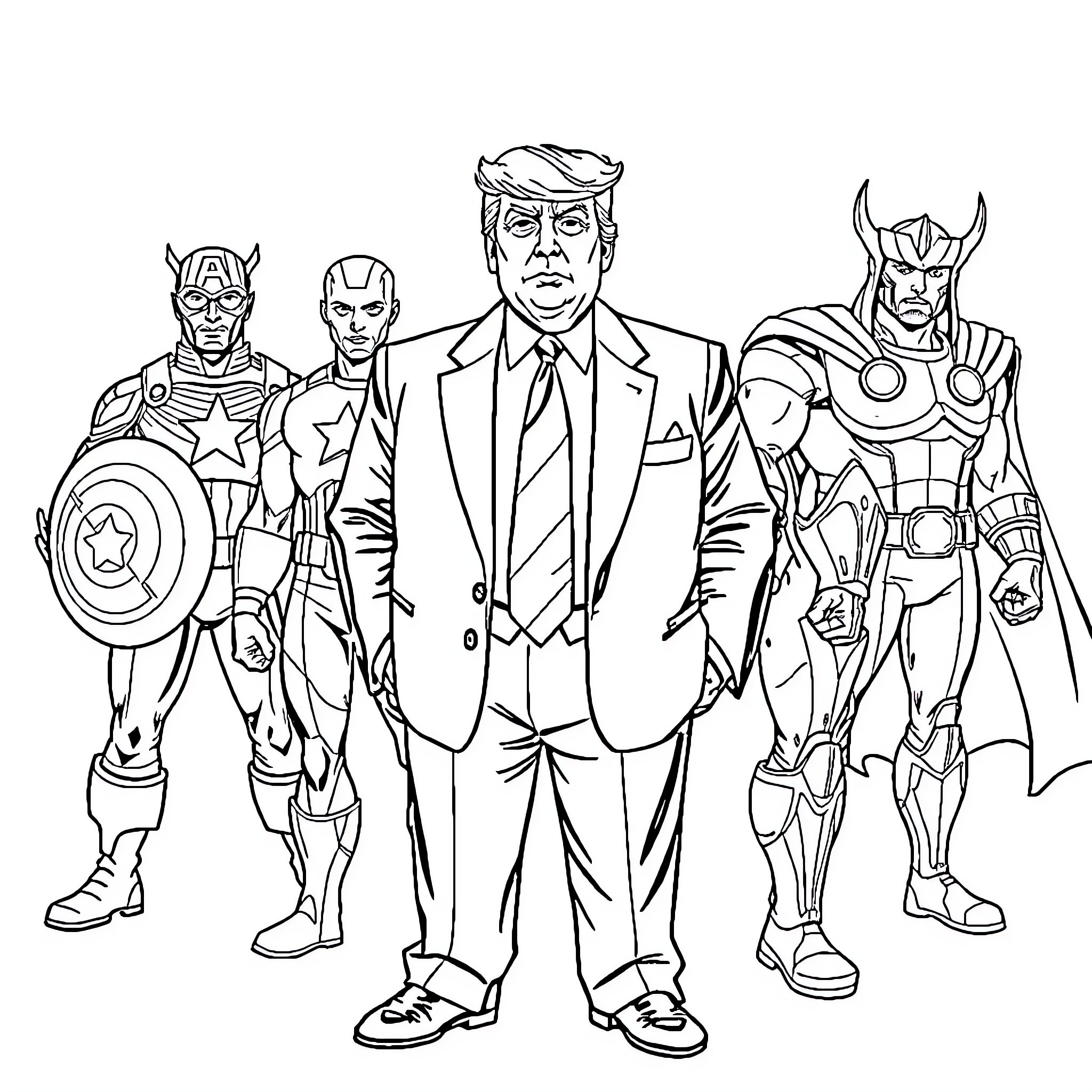 Donald Trump Poses with Superhero Figures Coloring Page (free black-and-white line drawing printable PDF for all, from beginners to advanced learners, including children, teens, adults, and seniors)