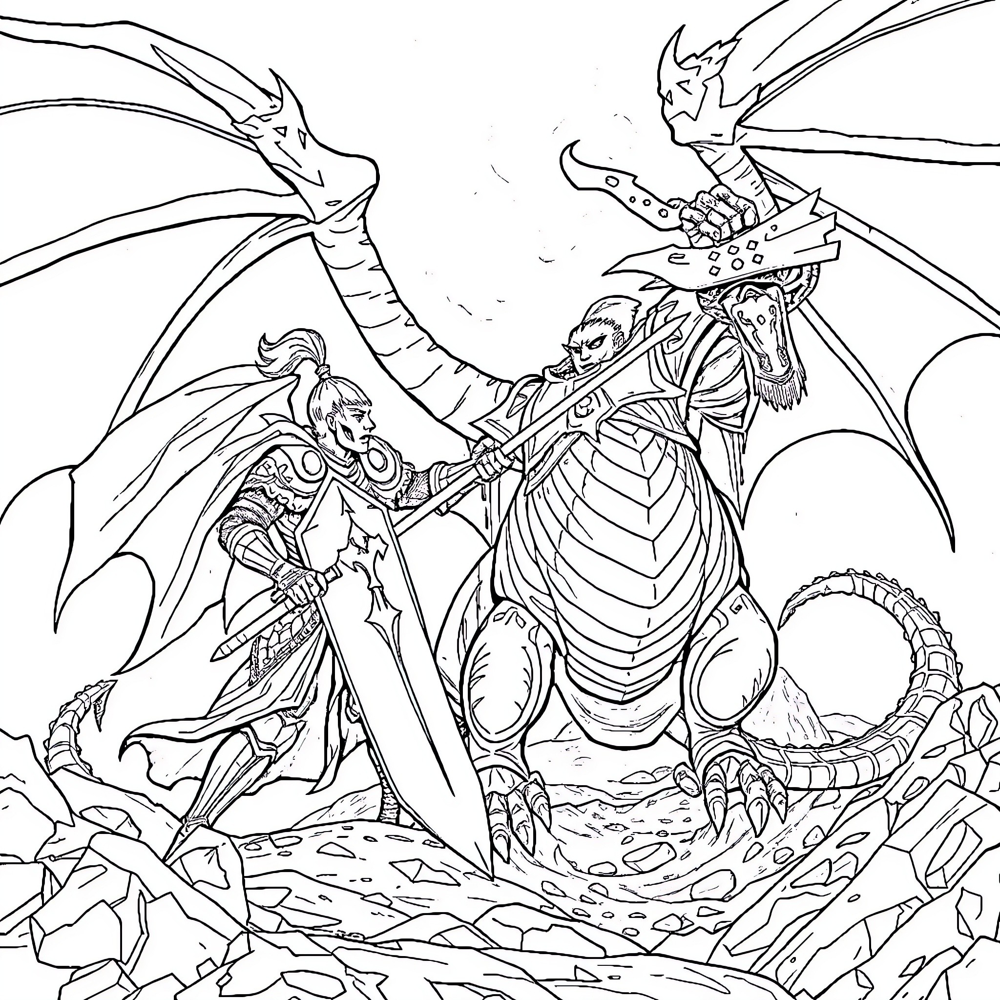 Knight's epic battle against a fearsome dragon Coloring Page (free black-and-white line drawing printable PDF for all, from beginners to advanced learners, including children, teens, adults, and seniors)