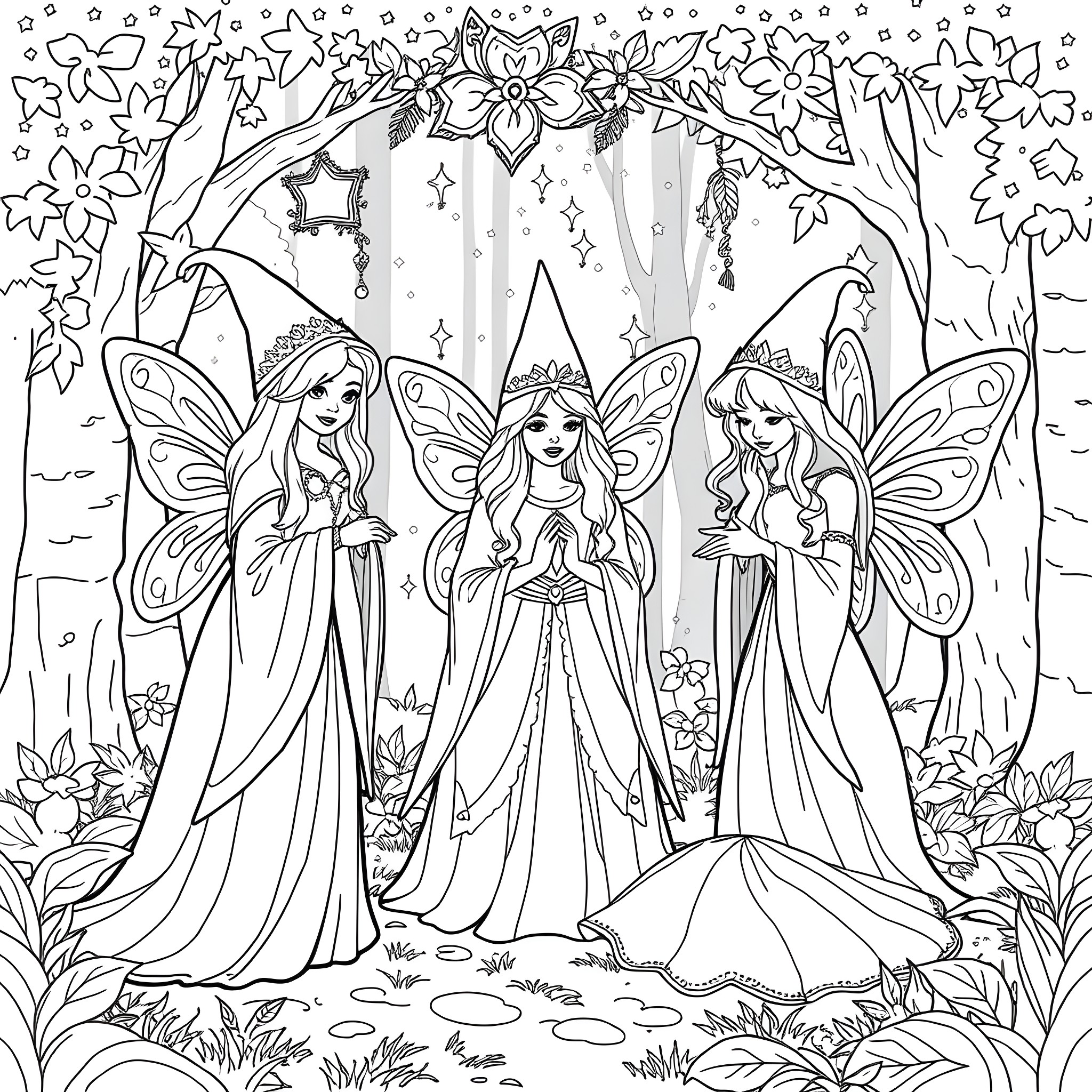 Fairy Godmother Granting Wishes in the Enchanted Forest Coloring Page (free black-and-white line drawing printable PDF for all, from beginners to advanced learners, including children, teens, adults, and seniors)