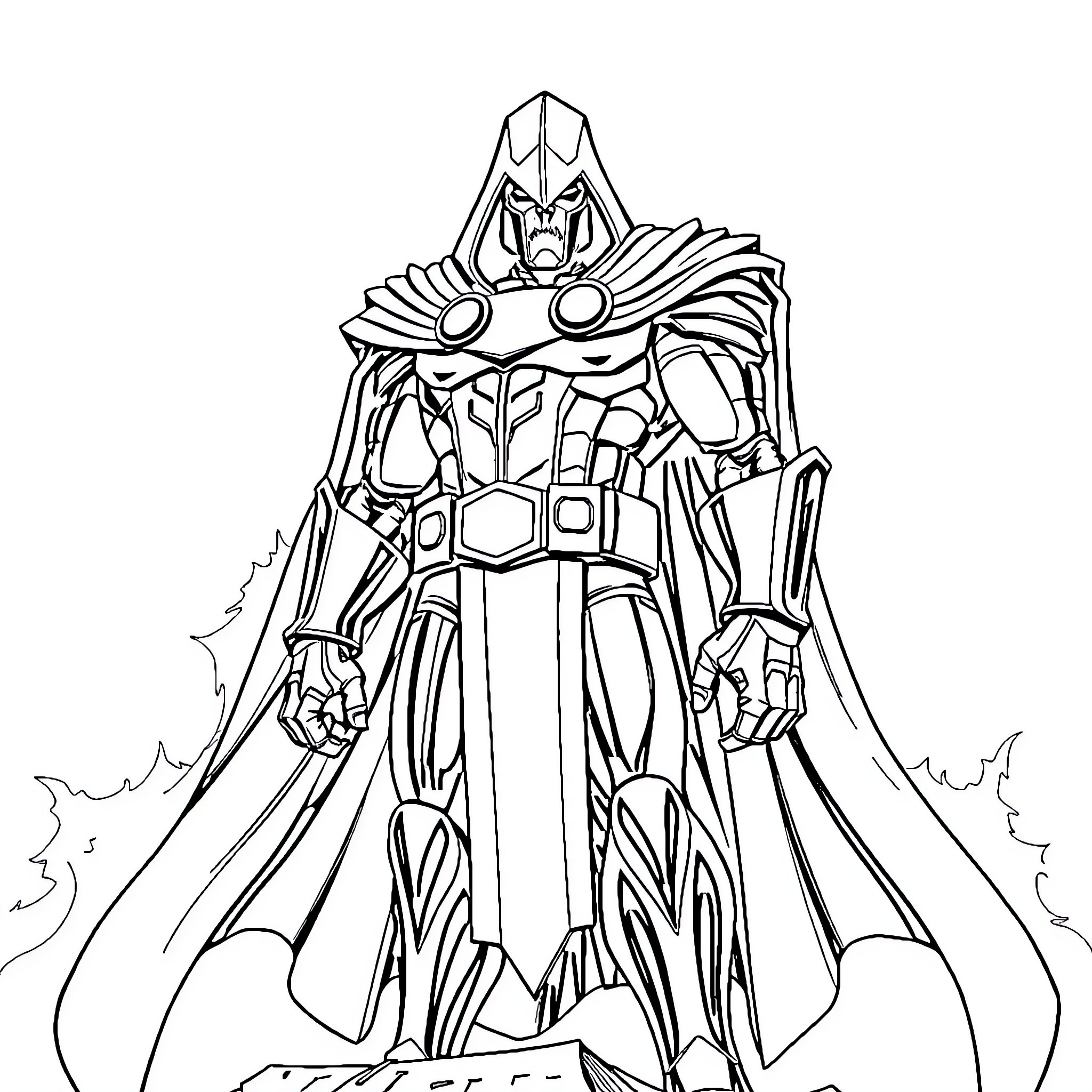 Doctor Doom in Intimidating Stance and Attire Coloring Page (free black-and-white line drawing printable PDF for all, from beginners to advanced learners, including children, teens, adults, and seniors)