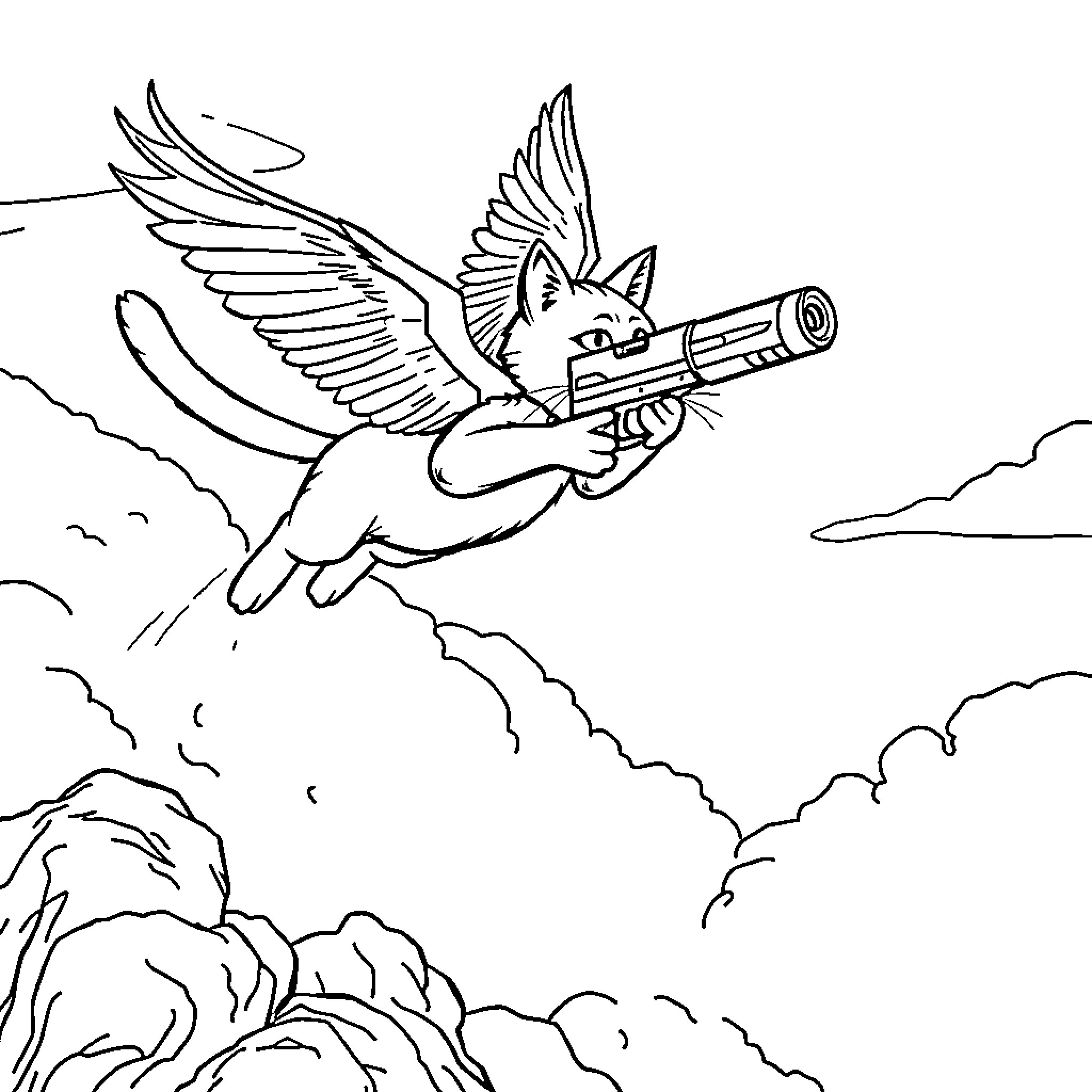 Flying Cat Wielding Futuristic Weapon in the Sky Coloring Page (free black-and-white line drawing printable PDF for all, from beginners to advanced learners, including children, teens, adults, and seniors)